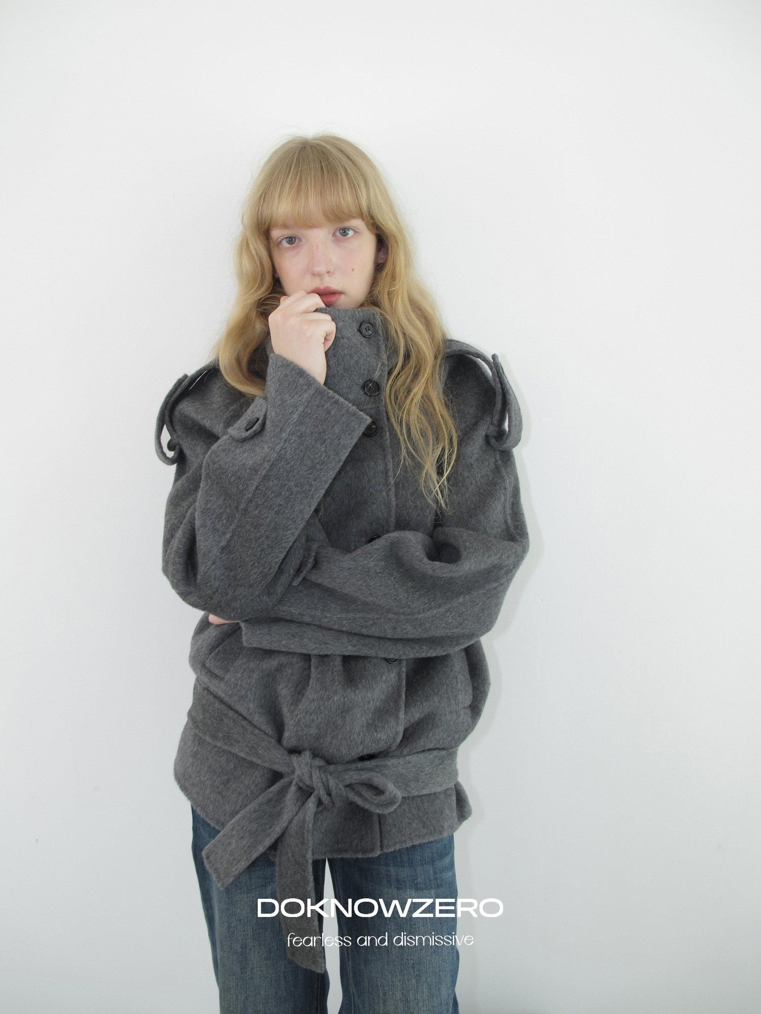 DKZ OFFICIAL Deep Gray Stand Collar Double Breasted Doubleface Women&