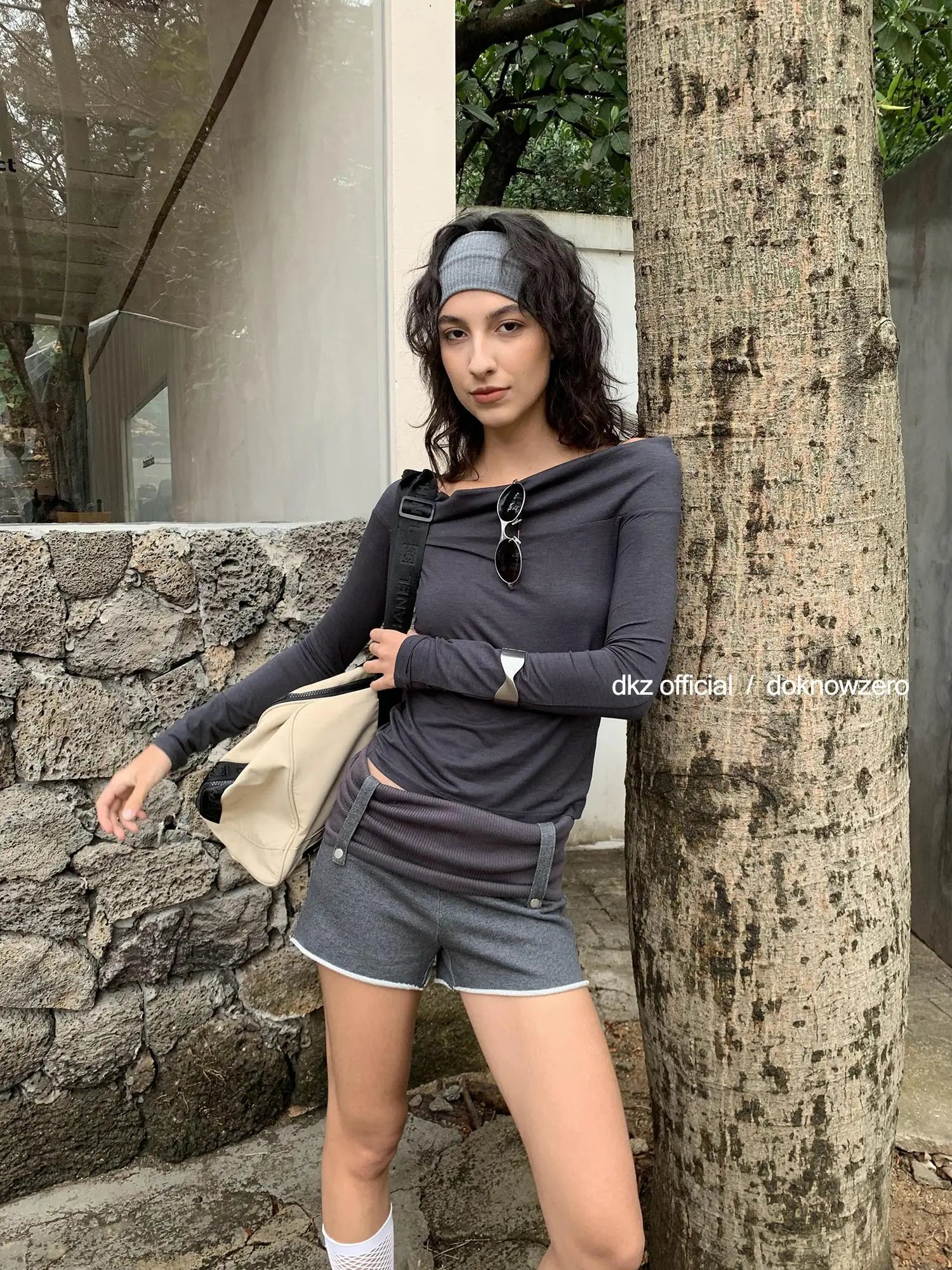 DKZ OFFICIAL Deep Grey Modal Off Shoulder Long Sleeve Top