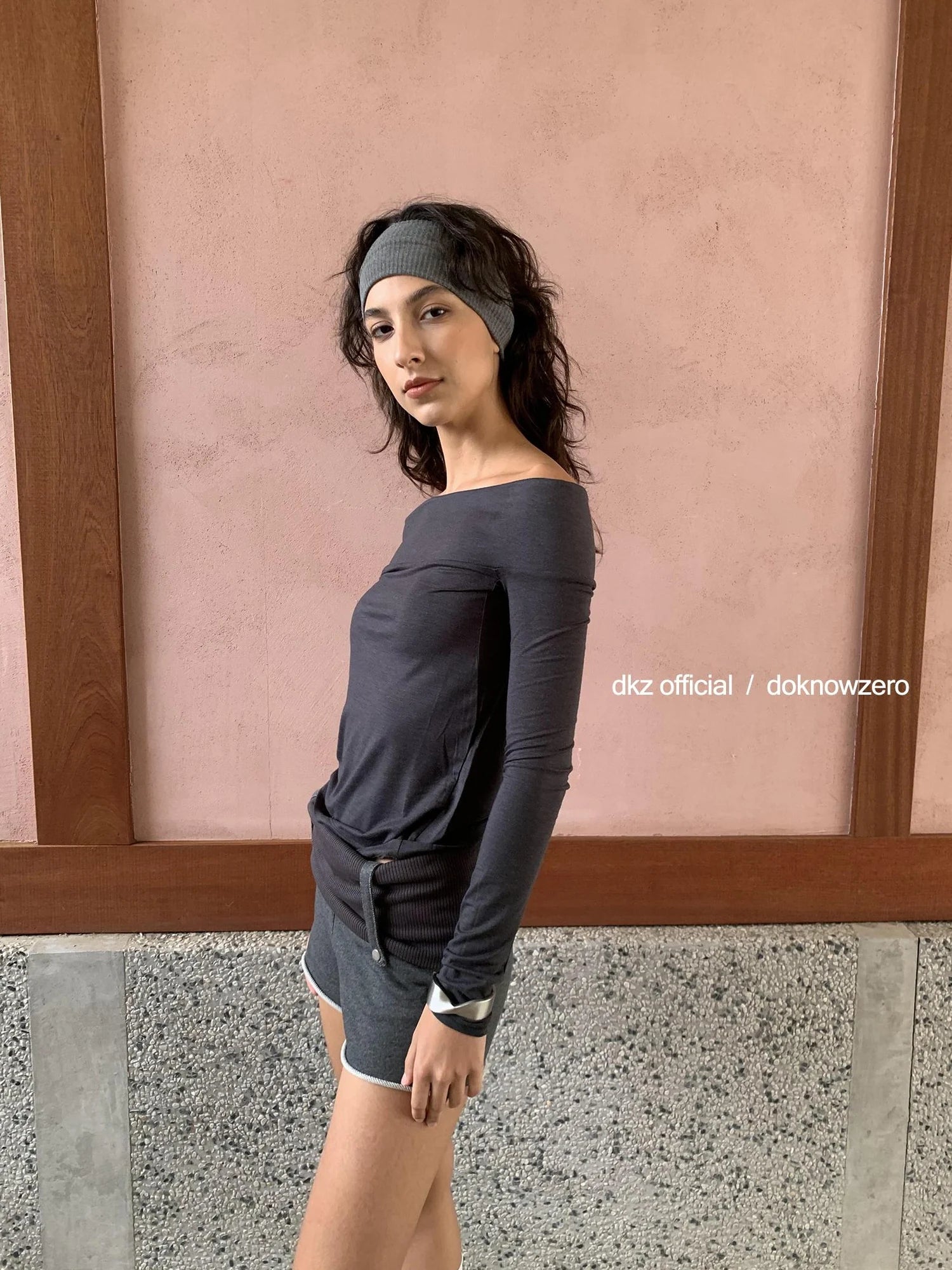 DKZ OFFICIAL Deep Grey Modal Off Shoulder Long Sleeve Top