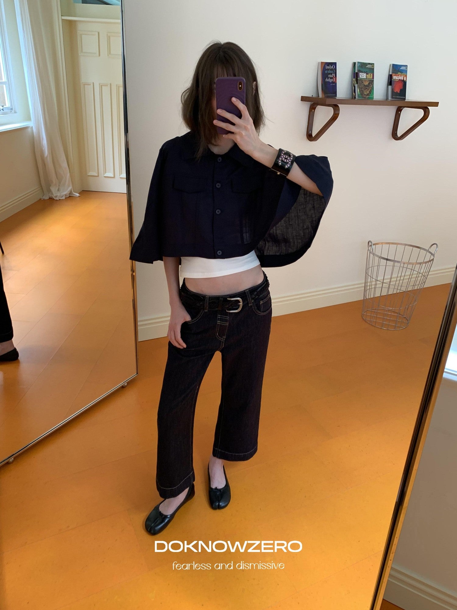 DKZ OFFICIAL Deep Navy Cape Style Loose Layered Buttoned Women&