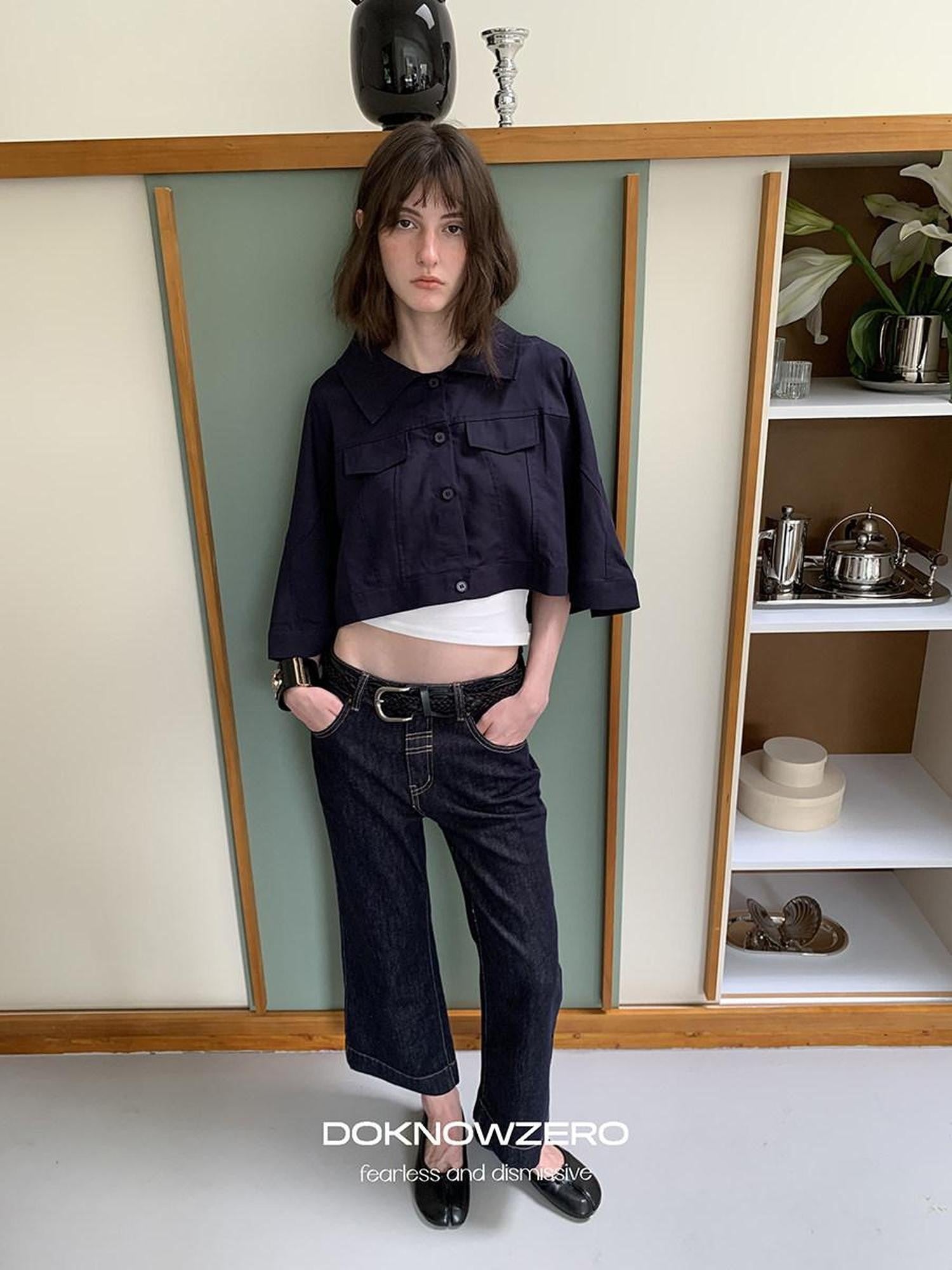 DKZ OFFICIAL Deep Navy Cape Style Loose Layered Buttoned Women&