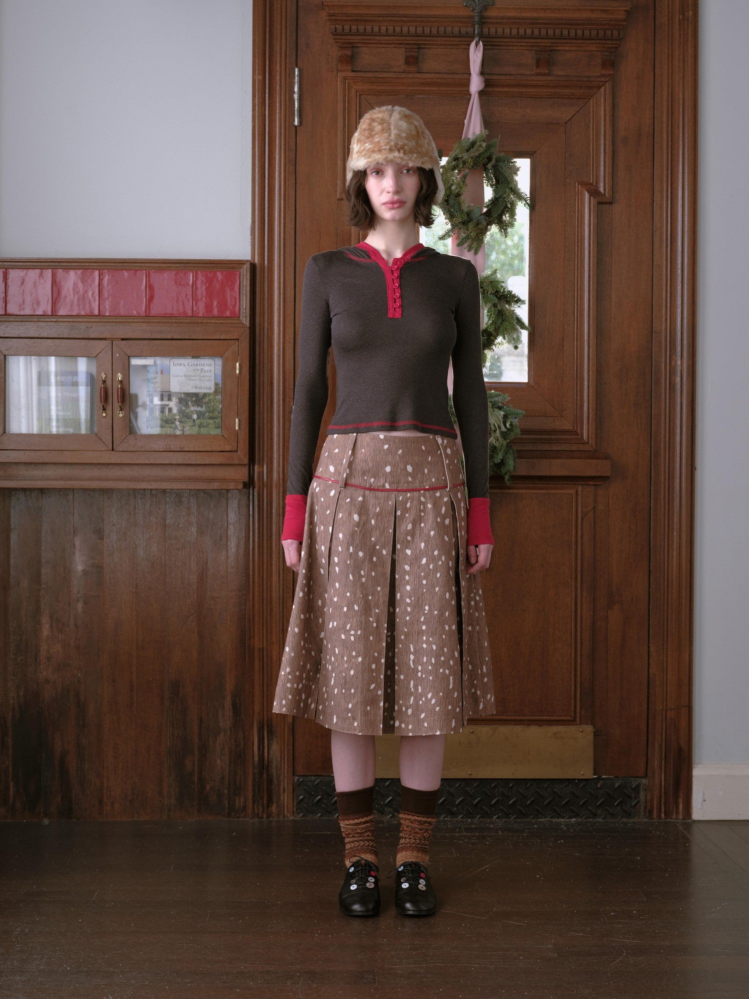 DKZ OFFICIAL Deer Print Pleated Washed Retro Mid Waist A Line Women&