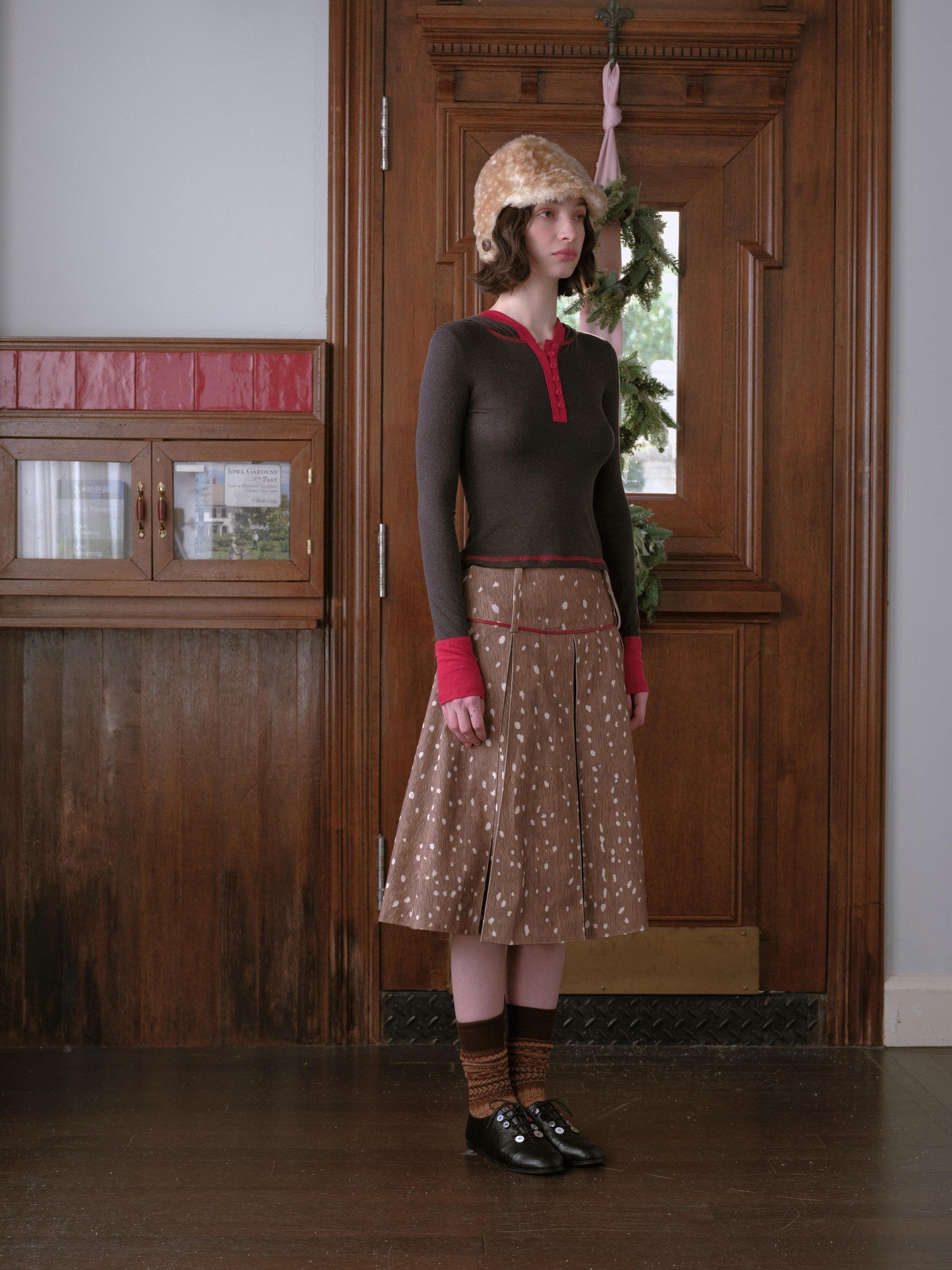 DKZ OFFICIAL Deer Print Pleated Washed Retro Mid Waist A Line Women&