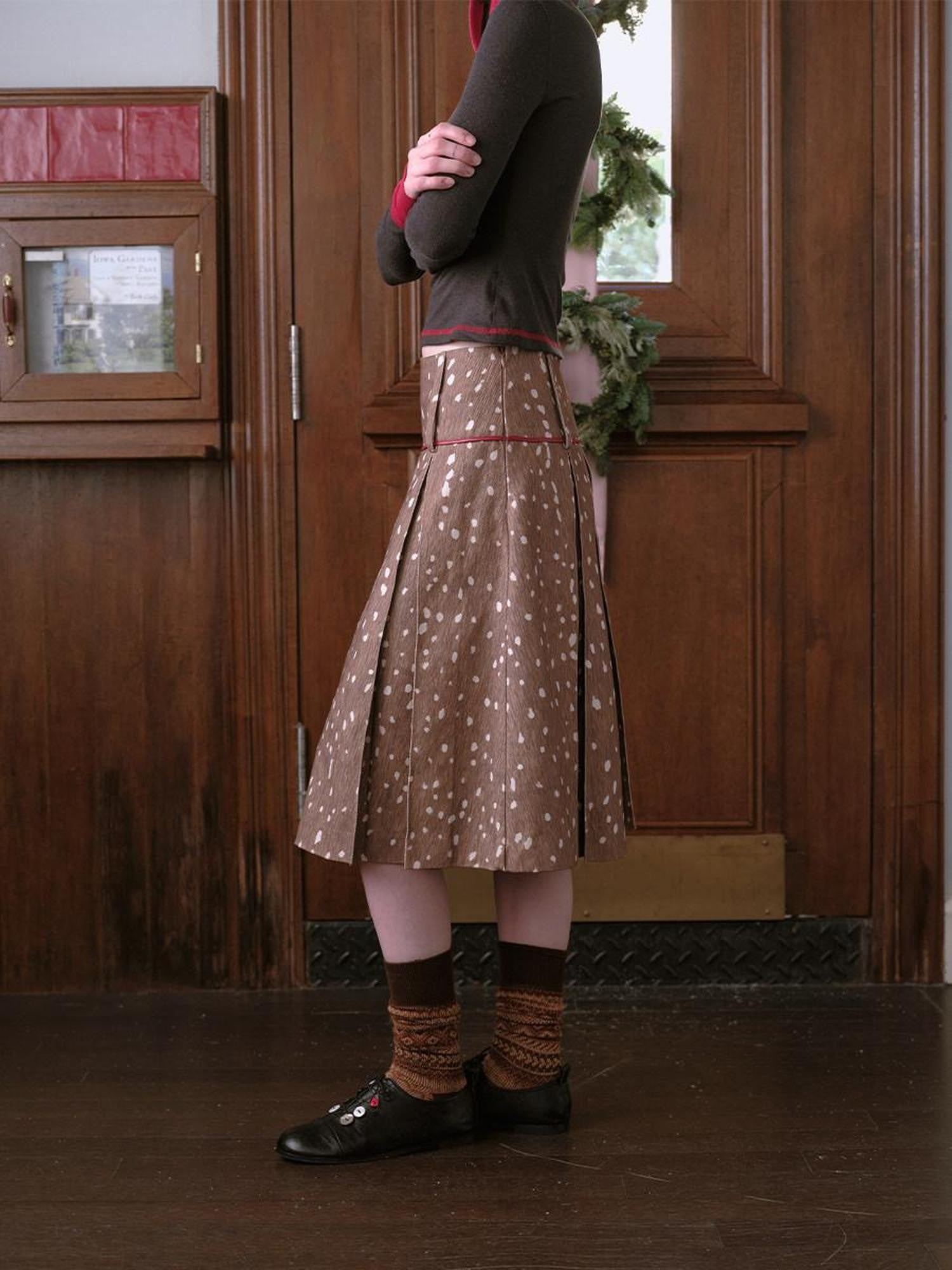 DKZ OFFICIAL Deer Print Pleated Washed Retro Mid Waist A Line Women&