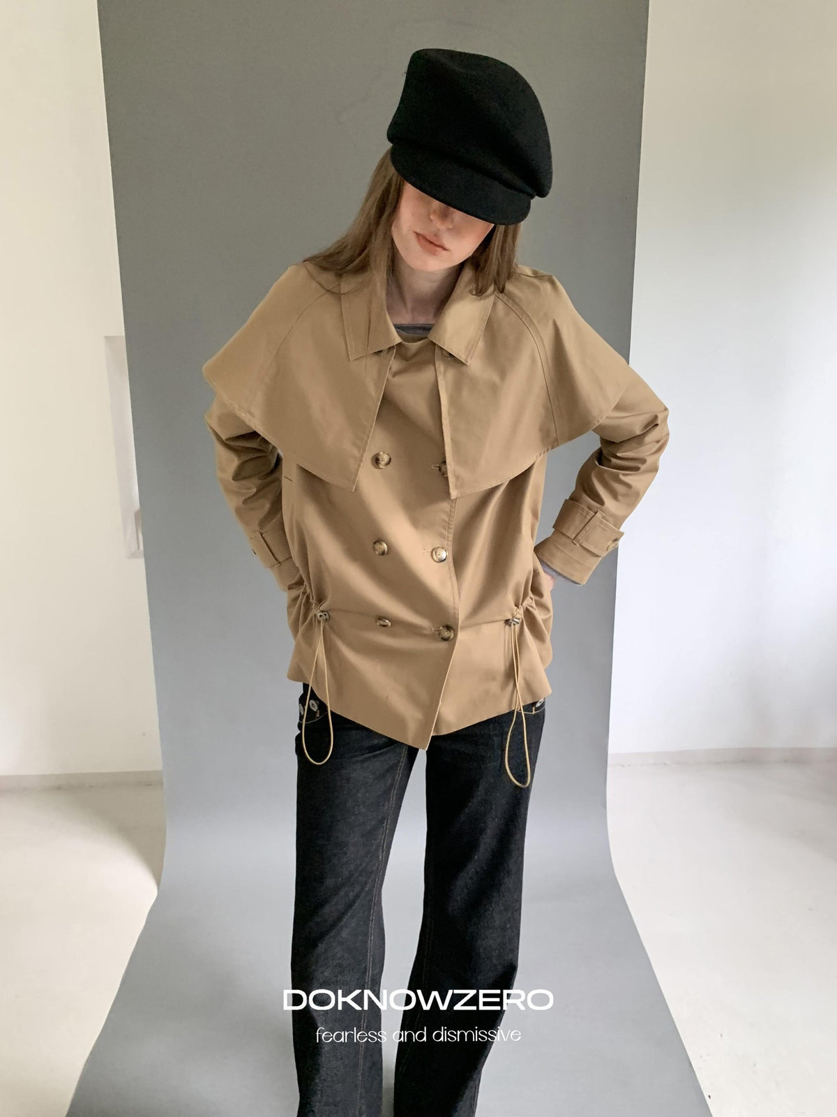 DKZ OFFICIAL Detachable Cape Double Breasted Cinched Waist Women&