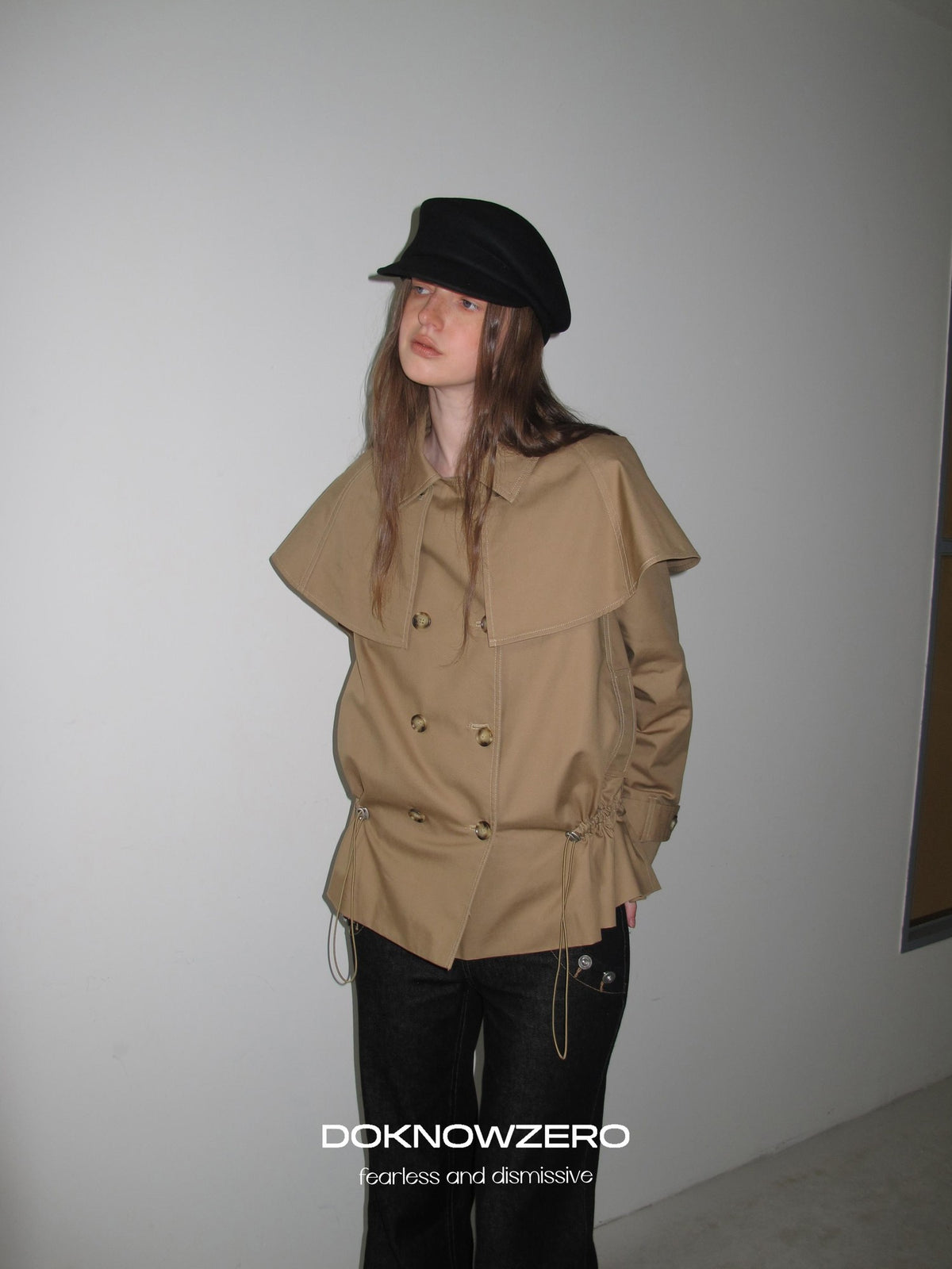 DKZ OFFICIAL Detachable Cape Double Breasted Cinched Waist Women&