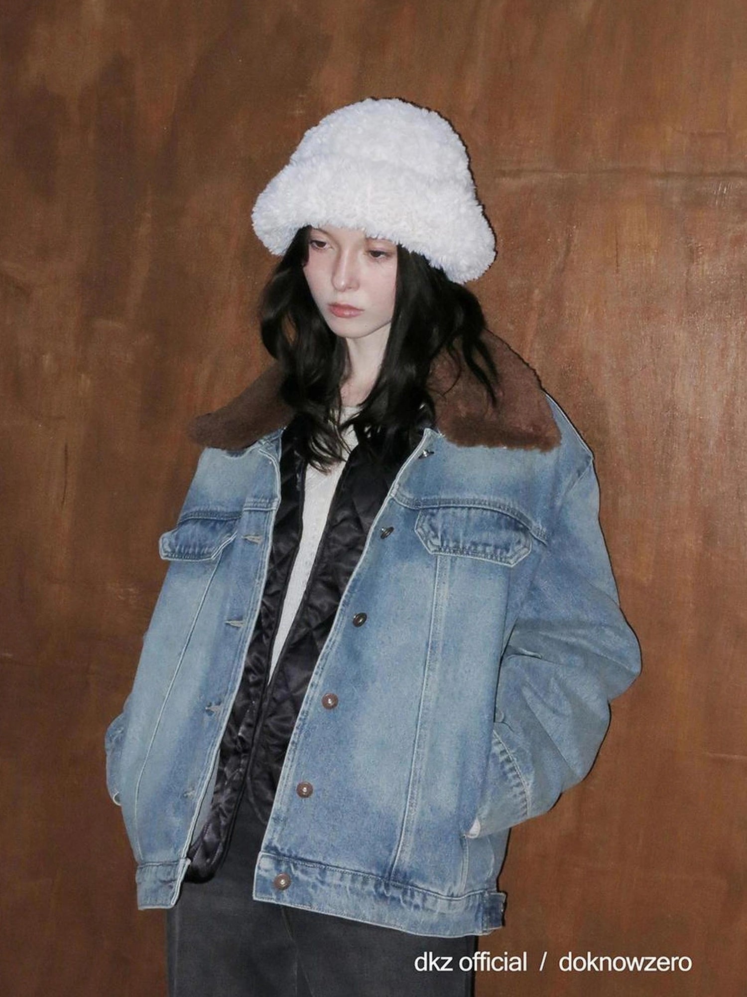 DKZ OFFICIAL Detachable Faux Fur Collar Denim Jacket With Quilted Lining