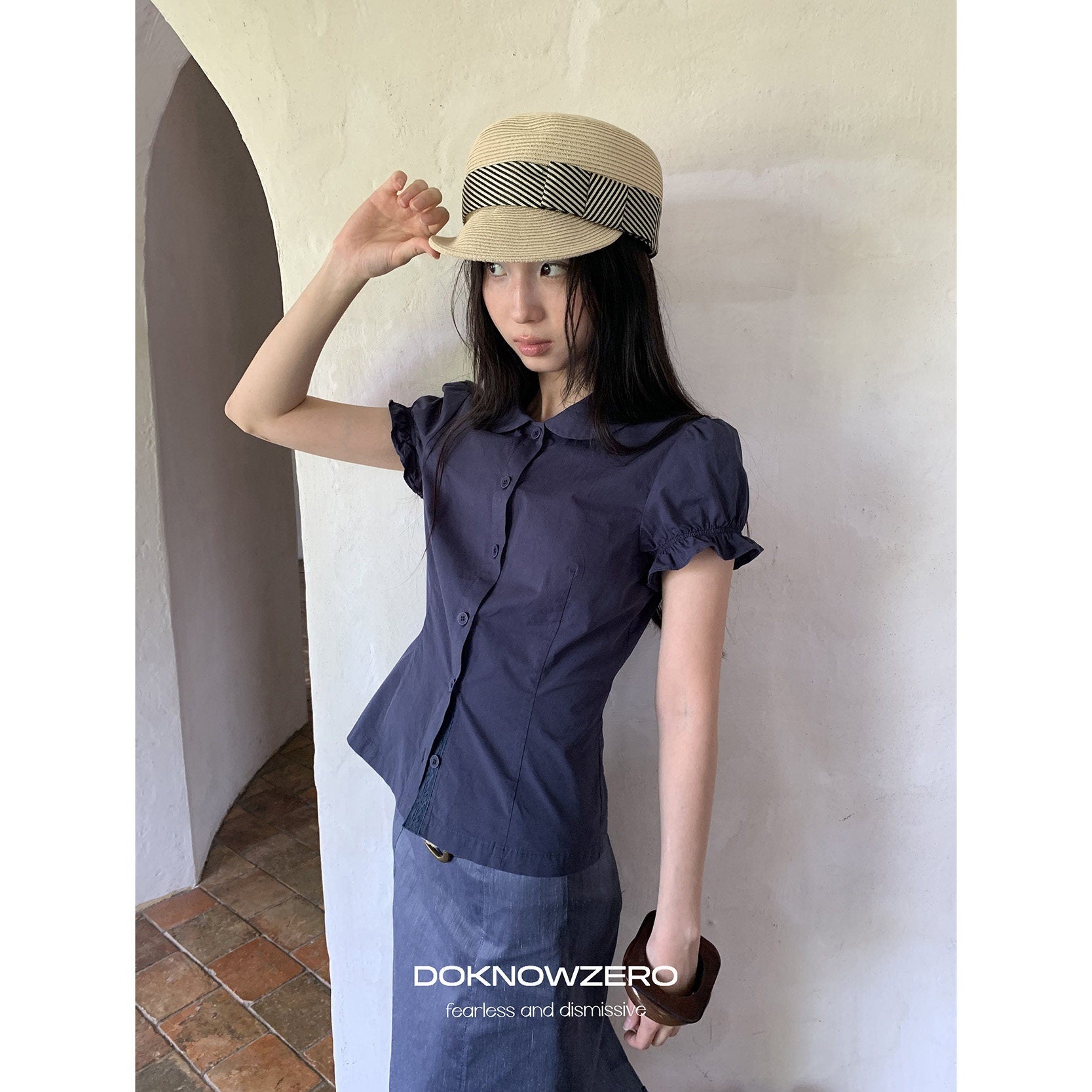 DKZ_OFFICIAL_Doll_Collar_Lace_Splice_Puff_Sleeve_Slim_Fit_Women&