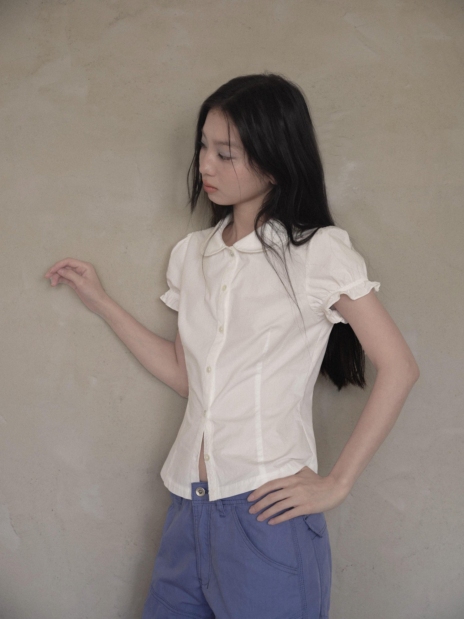 DKZ OFFICIAL Doll Collar Lace Splice Puff Sleeve Slim Fit Women&