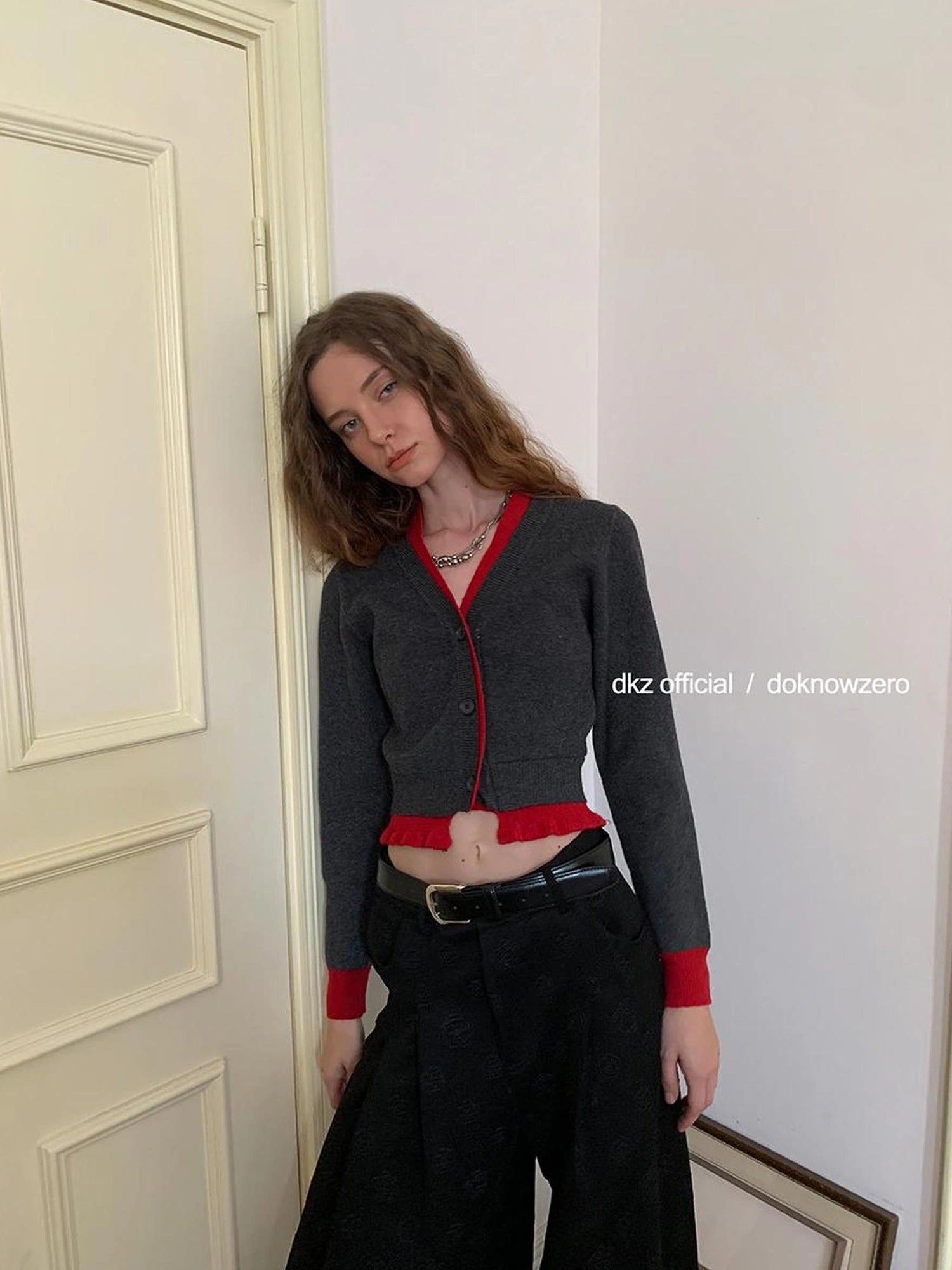 DKZ OFFICIAL Double Breasted Color Block V-neck Knit Cardigan