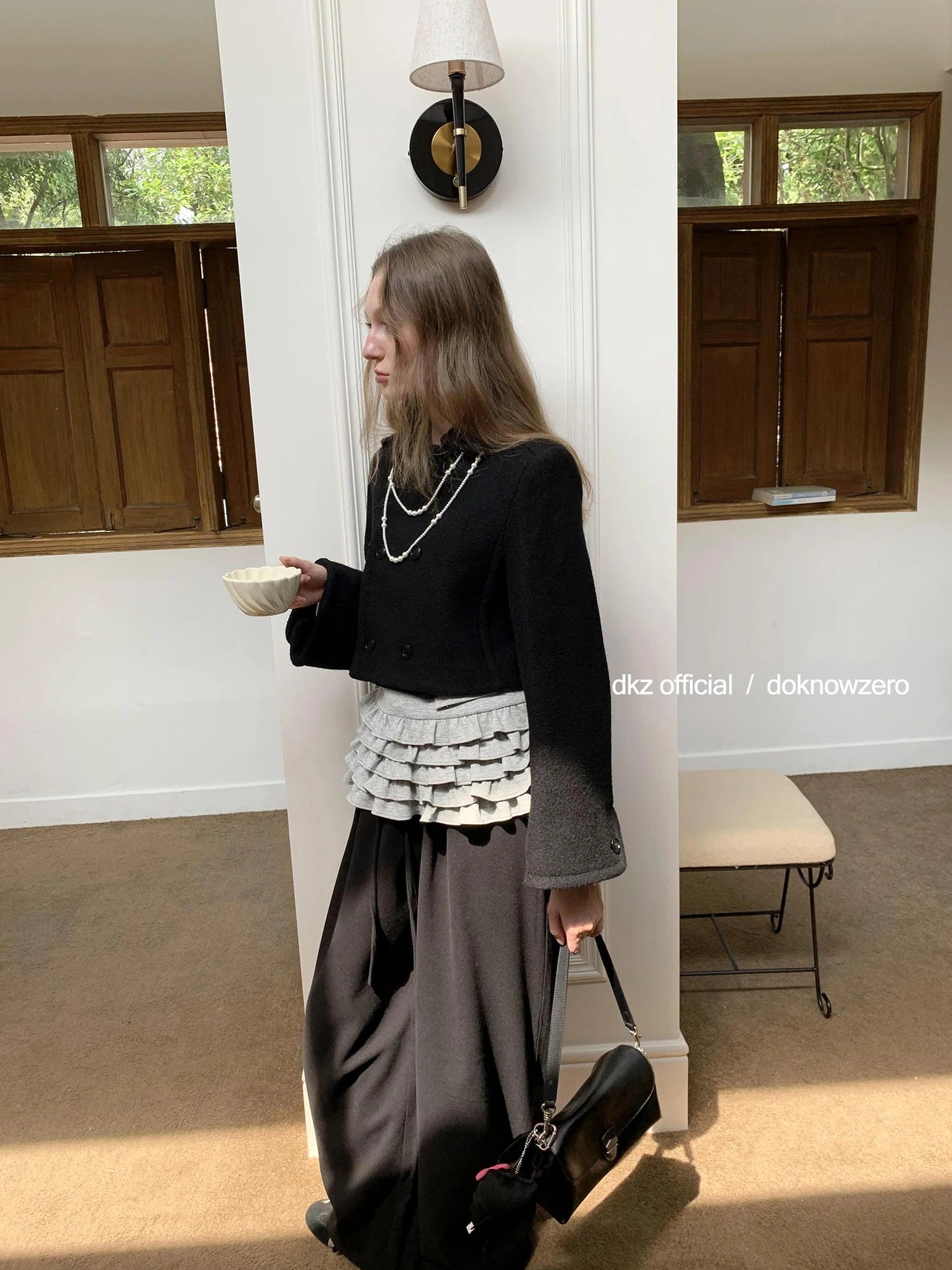 DKZ OFFICIAL Elastic Waist Dropped Hem Wide Leg Trousers