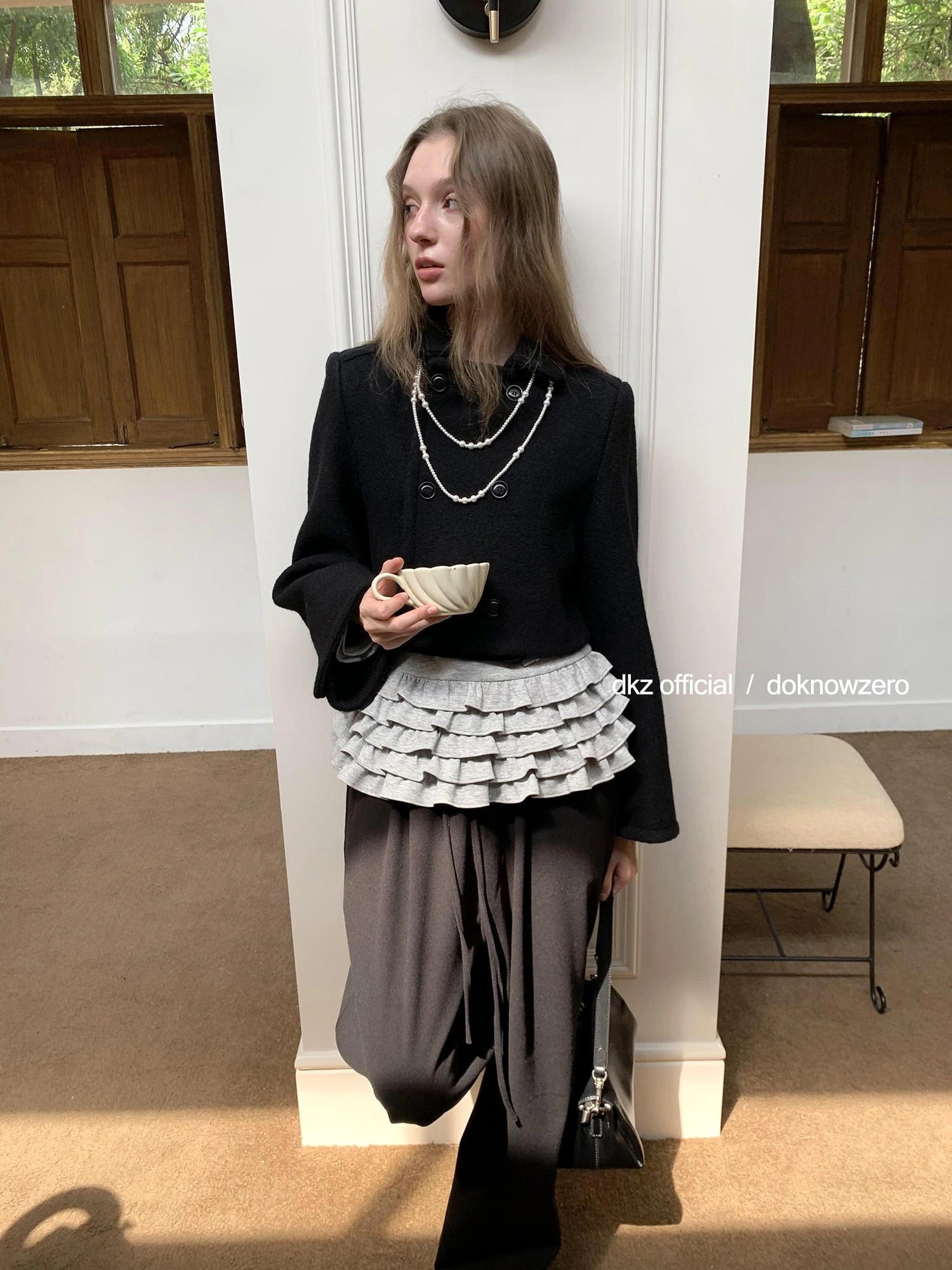 DKZ OFFICIAL Elastic Waist Dropped Hem Wide Leg Trousers