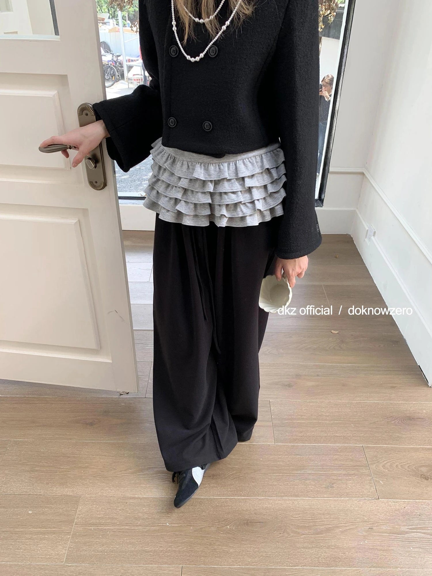 DKZ OFFICIAL Elastic Waist Dropped Hem Wide Leg Trousers