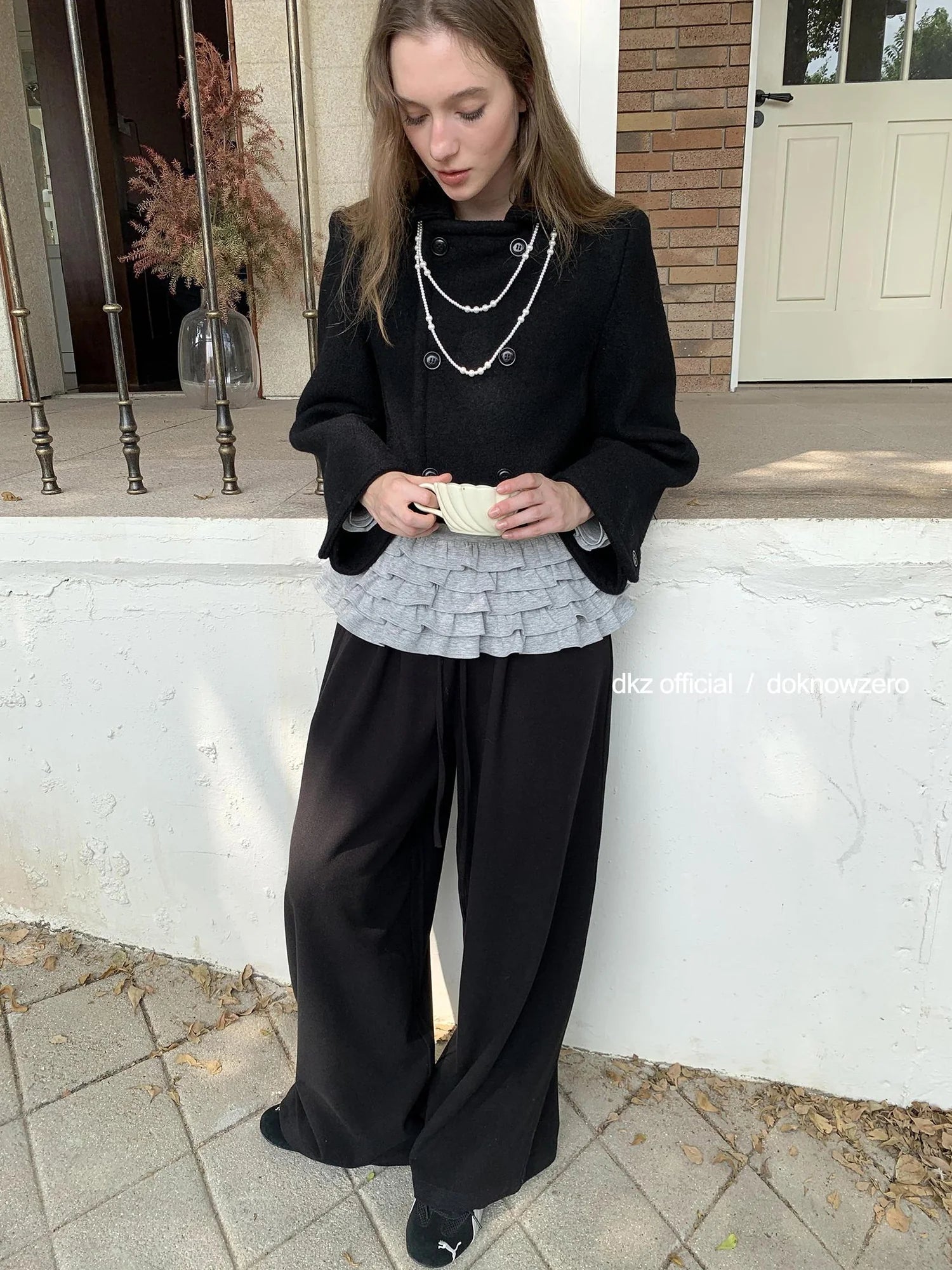 DKZ OFFICIAL Elastic Waist Dropped Hem Wide Leg Trousers