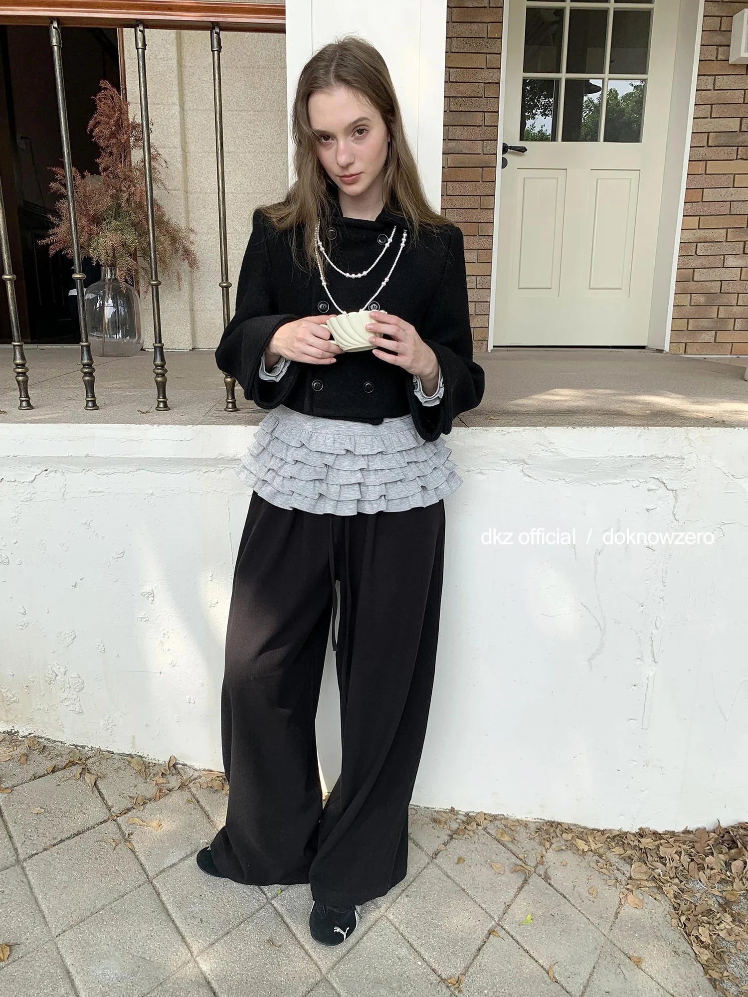 DKZ OFFICIAL Elastic Waist Dropped Hem Wide Leg Trousers