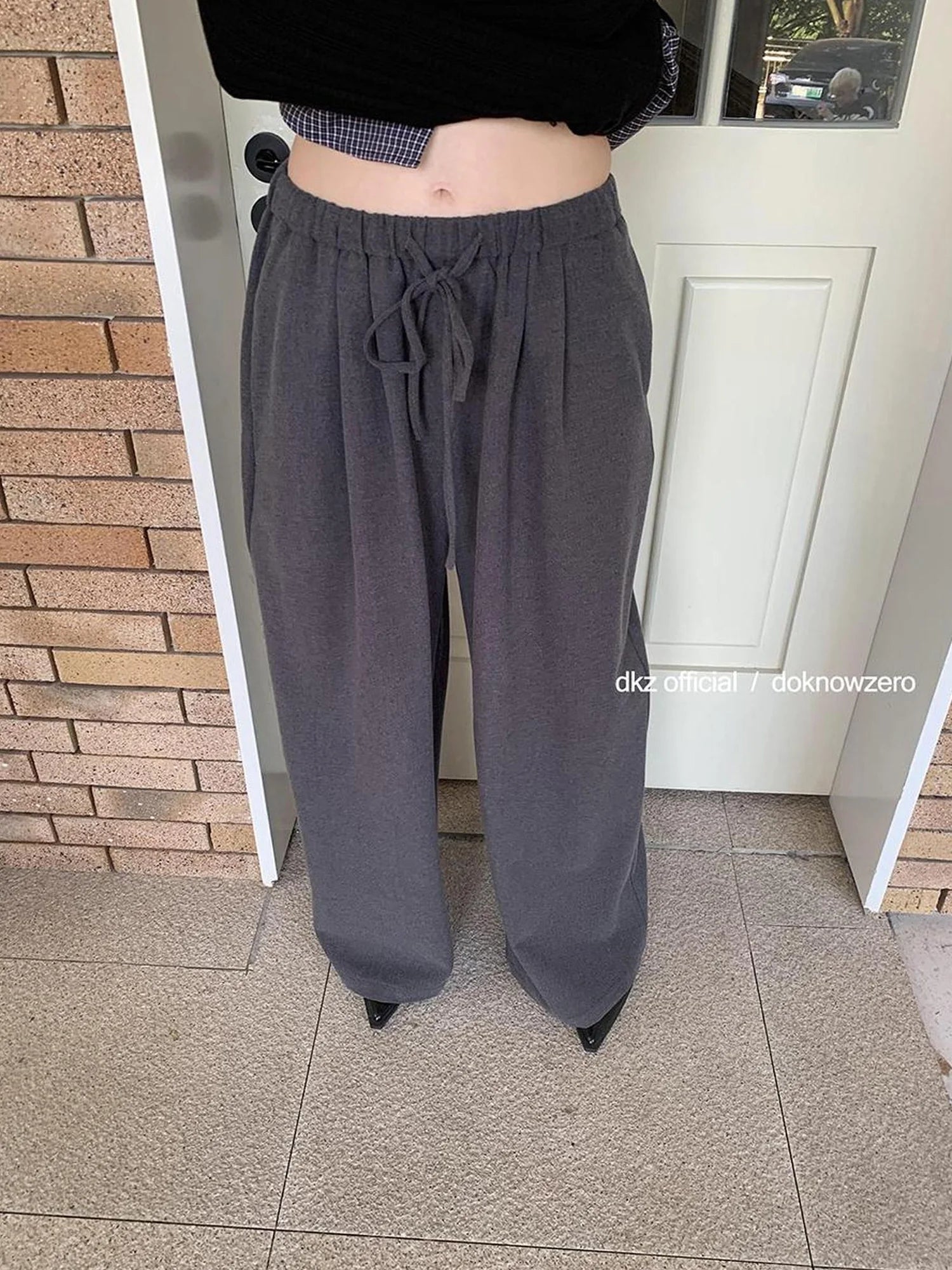 DKZ OFFICIAL Elastic Waist Dropped Hem Wide Leg Trousers
