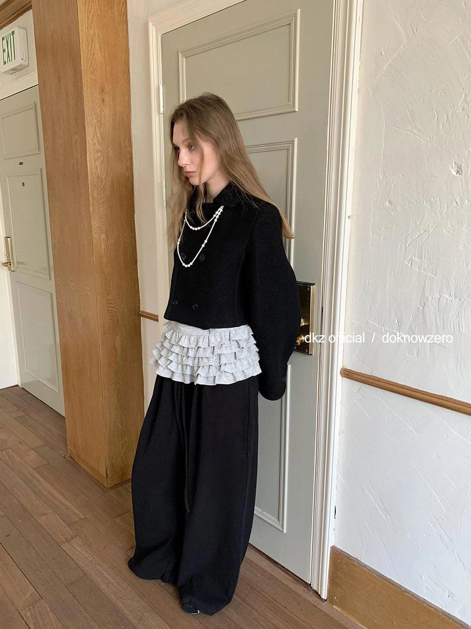 DKZ OFFICIAL Elastic Waist Dropped Hem Wide Leg Trousers