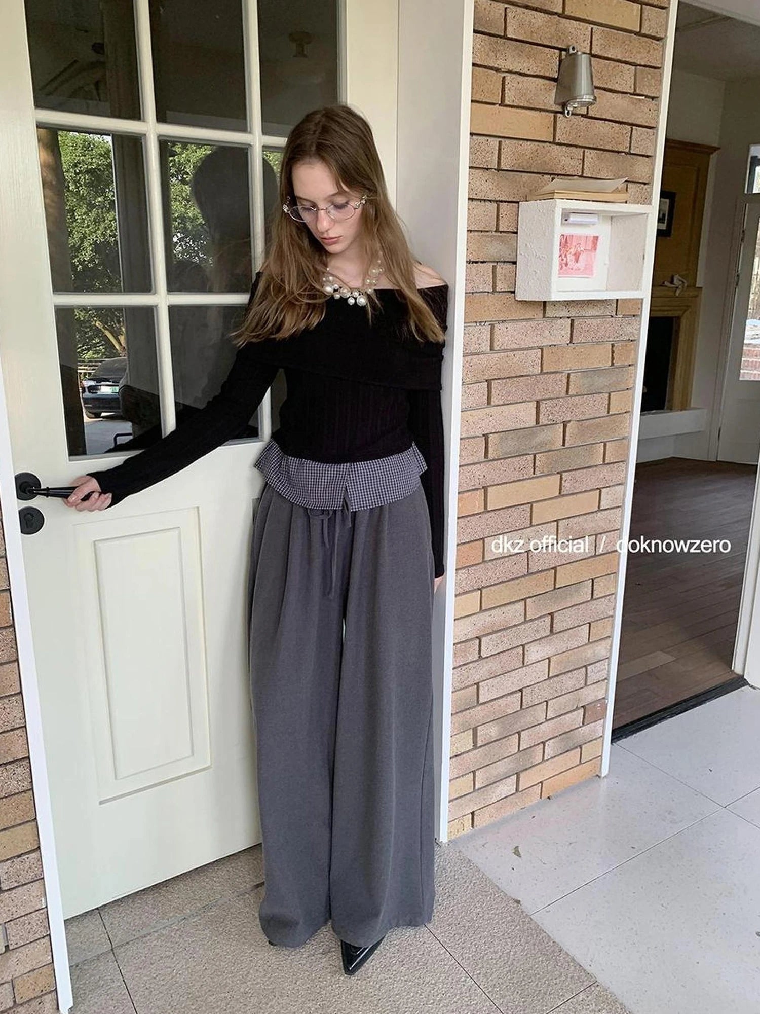 DKZ OFFICIAL Elastic Waist Dropped Hem Wide Leg Trousers
