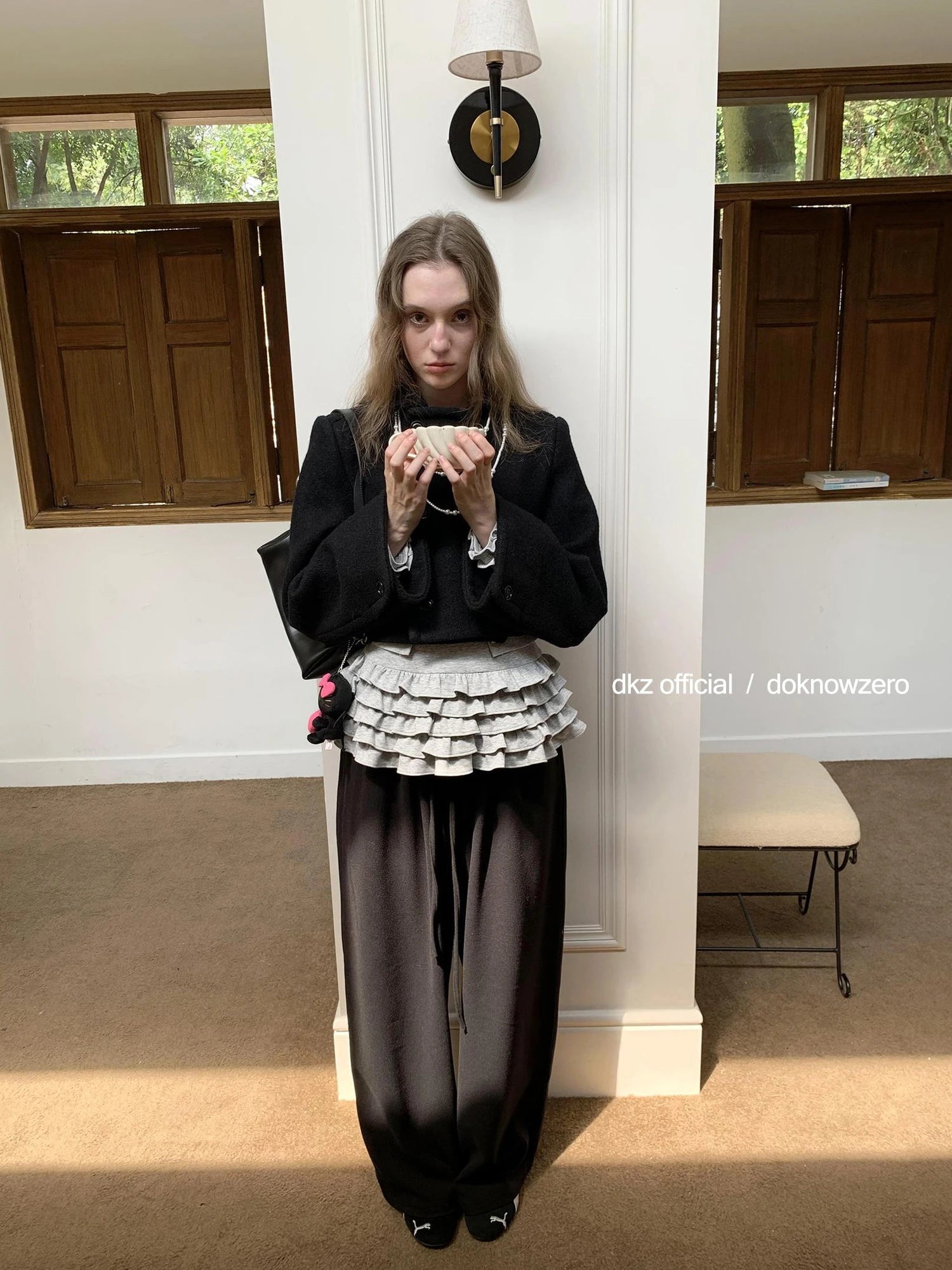 DKZ OFFICIAL Elastic Waist Dropped Hem Wide Leg Trousers