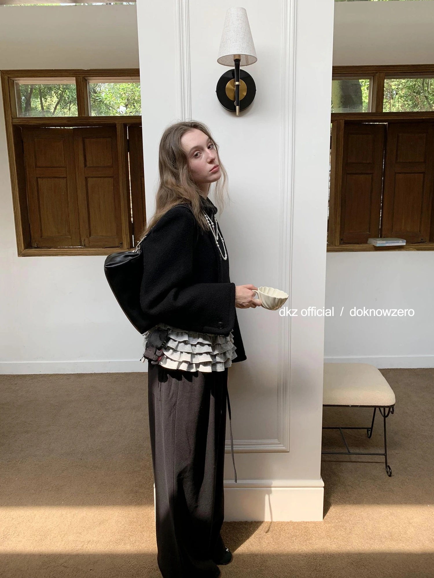DKZ OFFICIAL Elastic Waist Dropped Hem Wide Leg Trousers