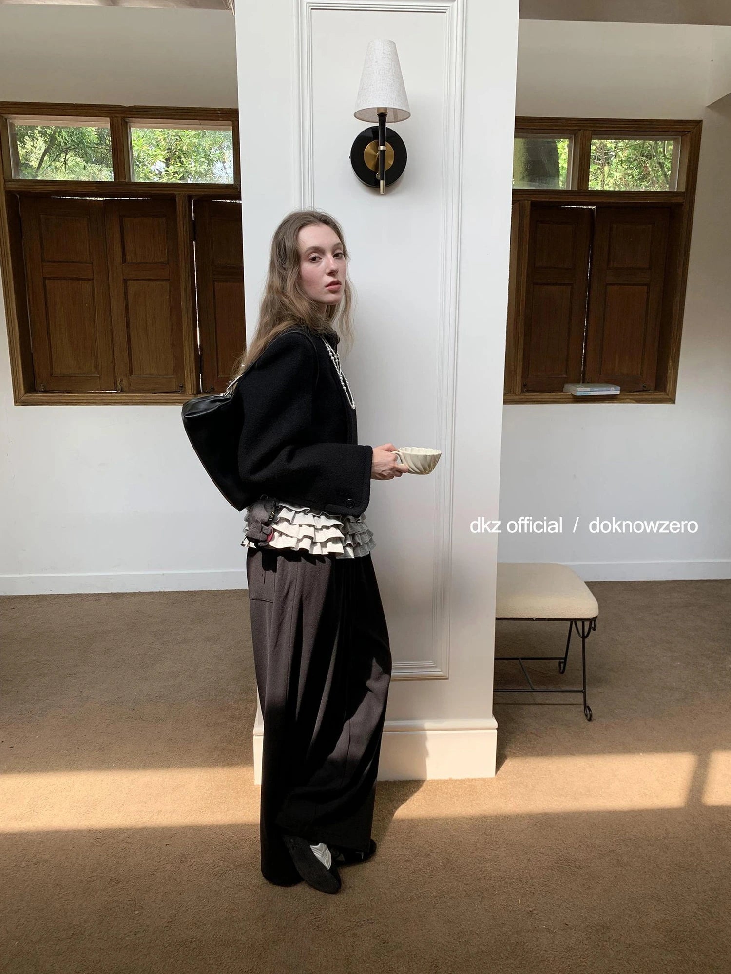 DKZ OFFICIAL Elastic Waist Dropped Hem Wide Leg Trousers