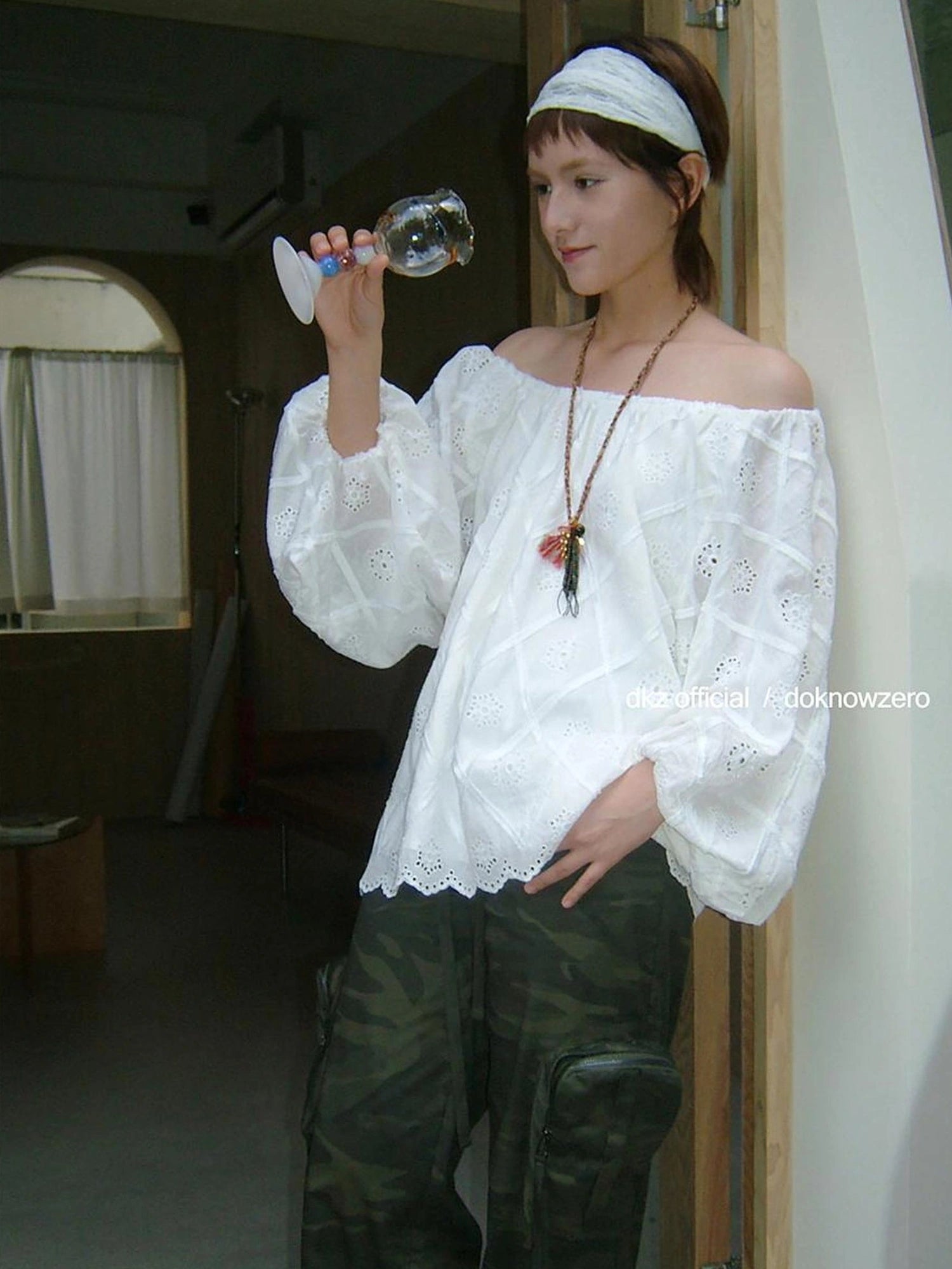 DKZ OFFICIAL Embroidered White Lace Off Shoulder Long Sleeve Blouse