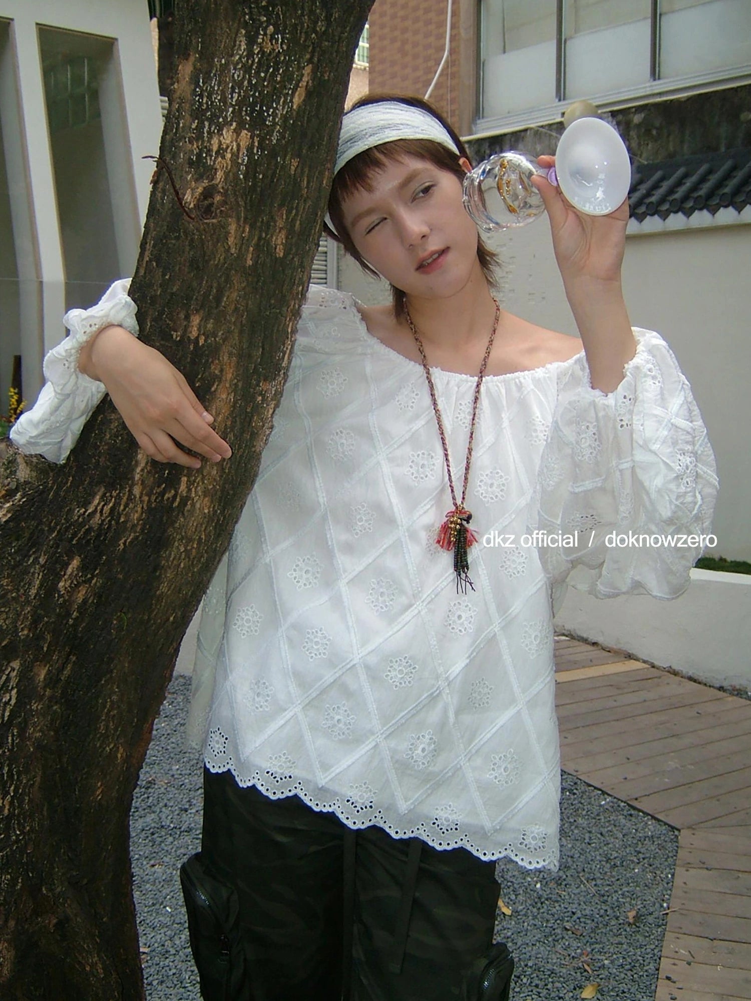 DKZ OFFICIAL Embroidered White Lace Off Shoulder Long Sleeve Blouse