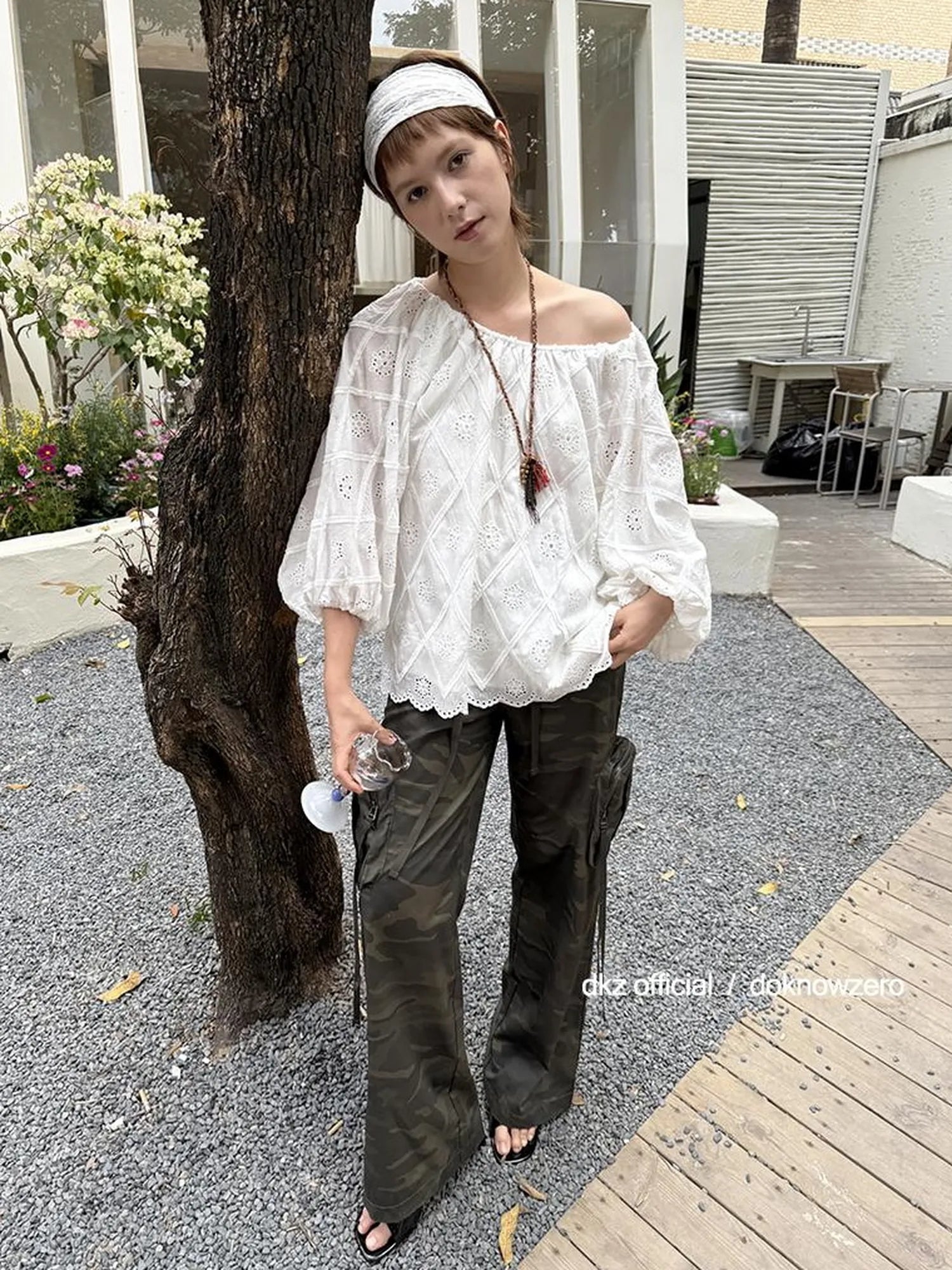 DKZ OFFICIAL Embroidered White Lace Off Shoulder Long Sleeve Blouse