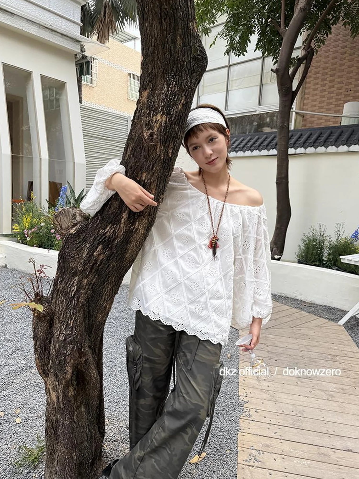DKZ OFFICIAL Embroidered White Lace Off Shoulder Long Sleeve Blouse