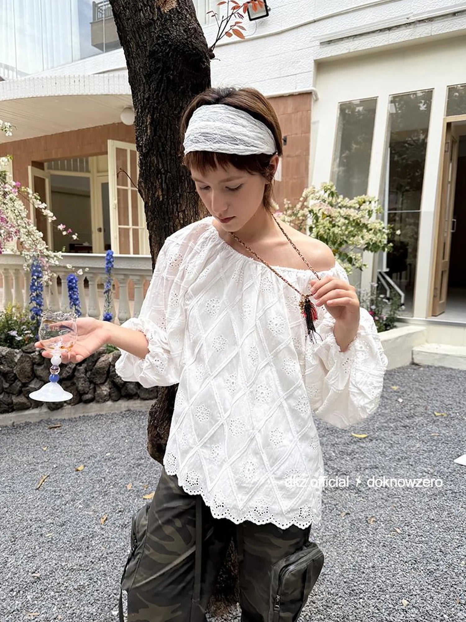 DKZ OFFICIAL Embroidered White Lace Off Shoulder Long Sleeve Blouse