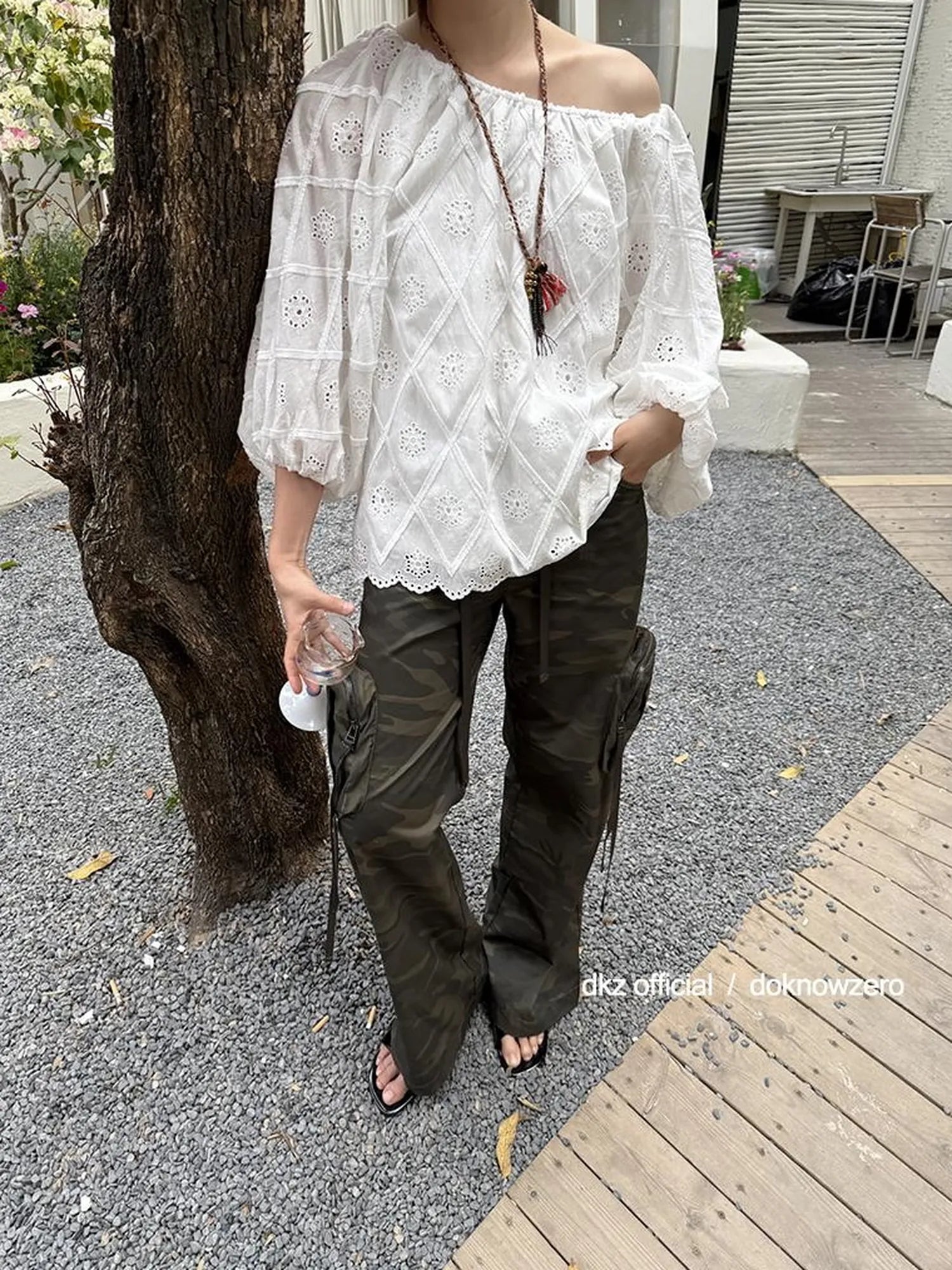 DKZ OFFICIAL Embroidered White Lace Off Shoulder Long Sleeve Blouse