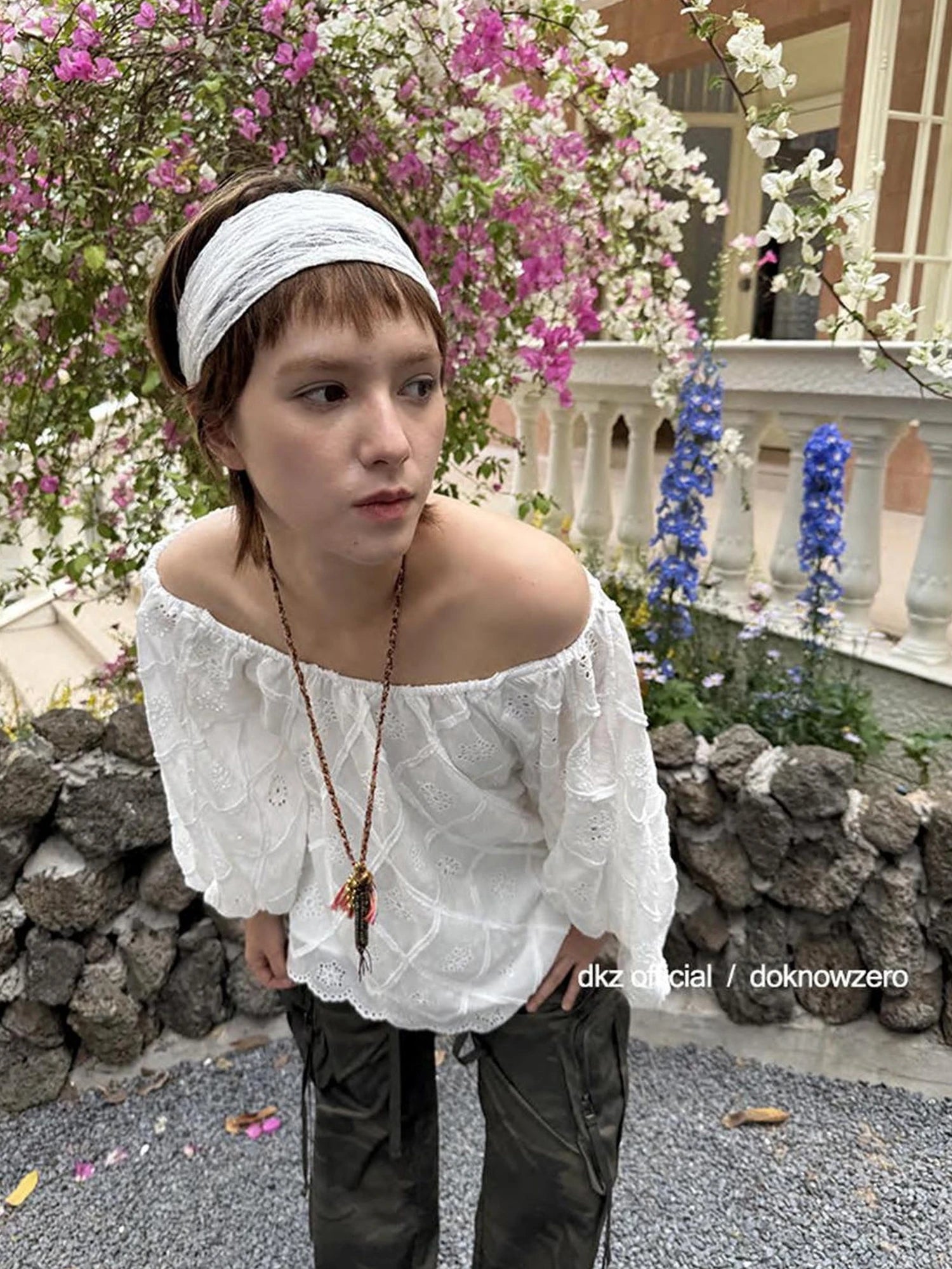 DKZ OFFICIAL Embroidered White Lace Off Shoulder Long Sleeve Blouse