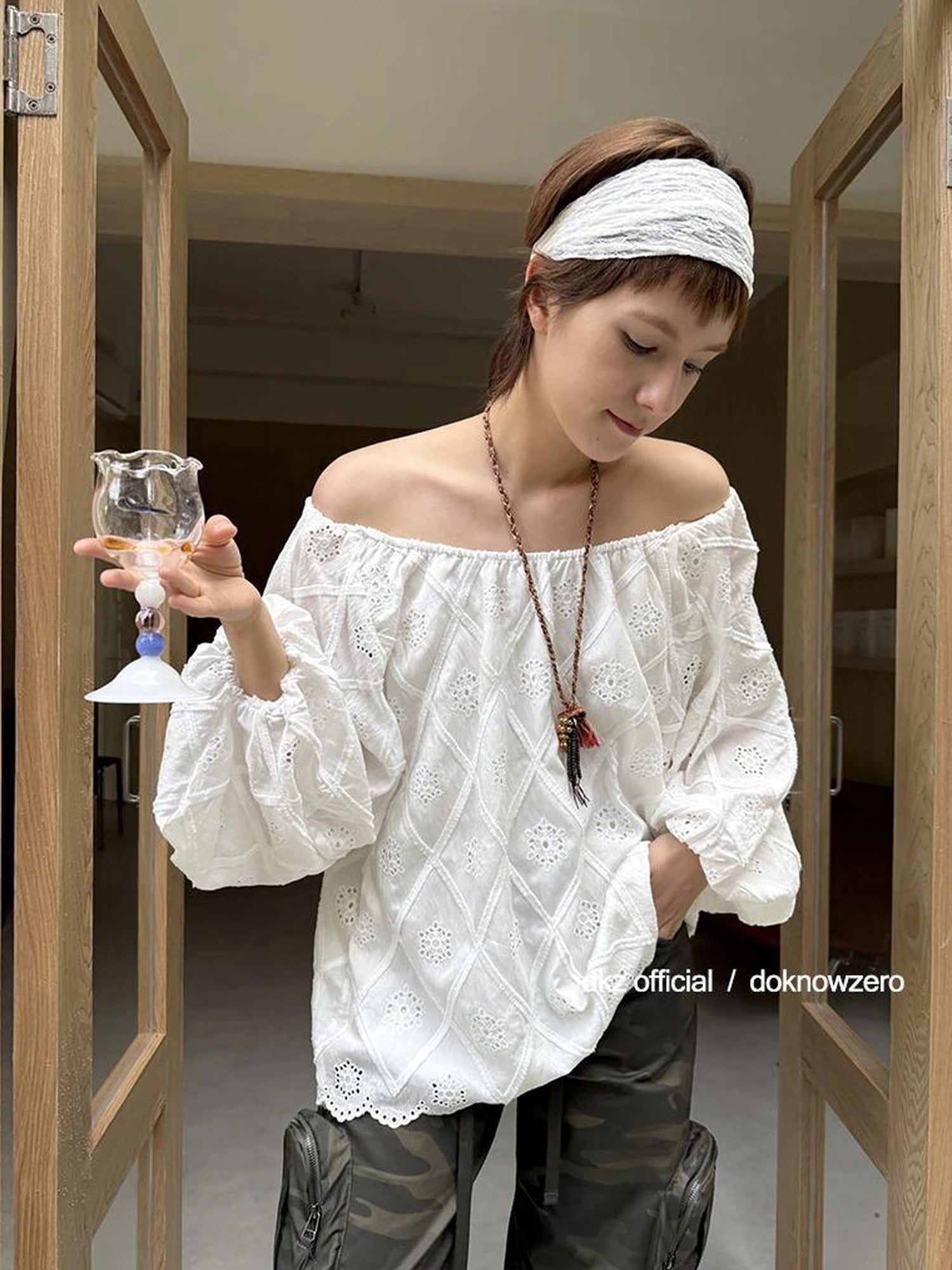 DKZ OFFICIAL Embroidered White Lace Off Shoulder Long Sleeve Blouse