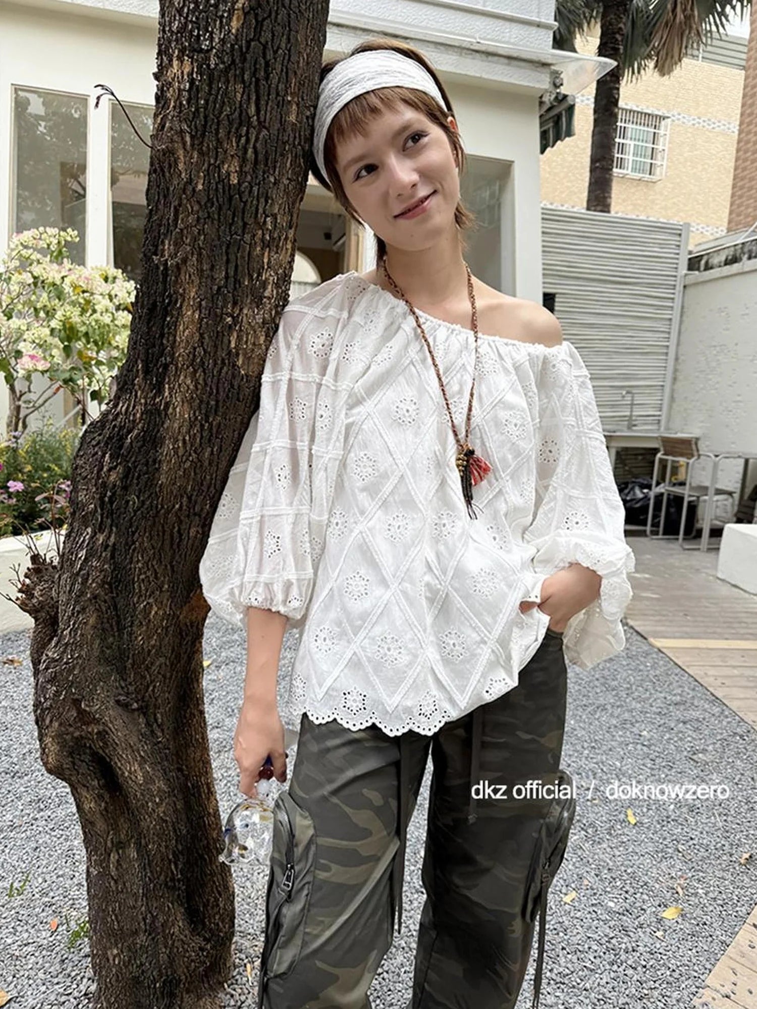 DKZ OFFICIAL Embroidered White Lace Off Shoulder Long Sleeve Blouse