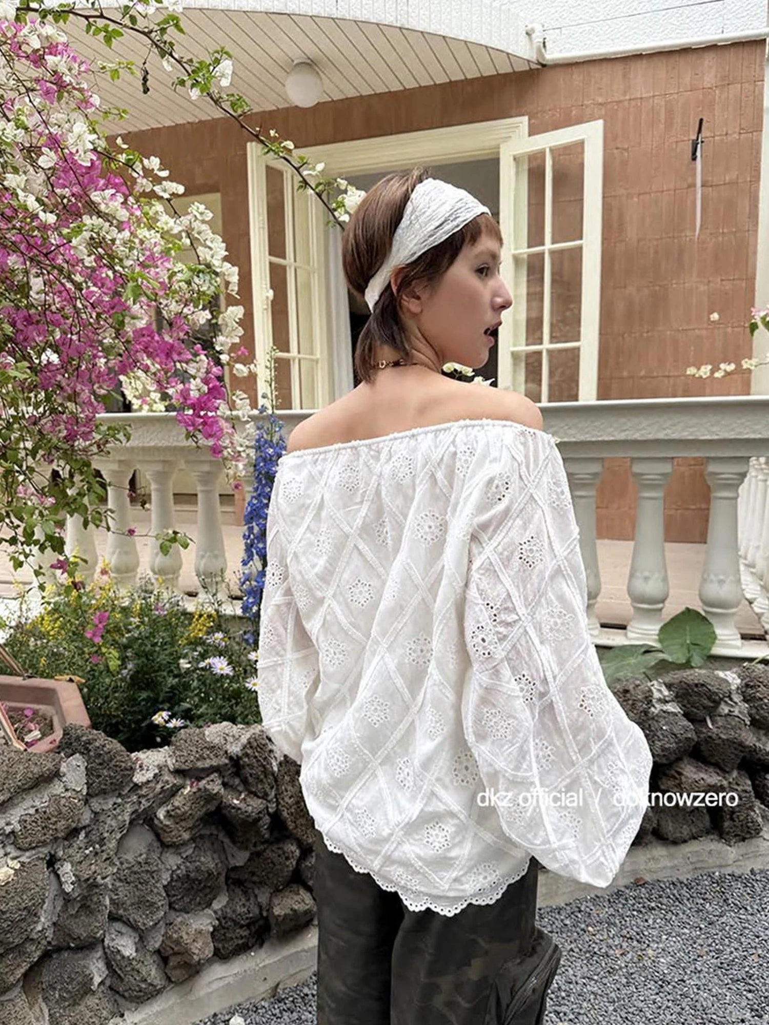 DKZ OFFICIAL Embroidered White Lace Off Shoulder Long Sleeve Blouse