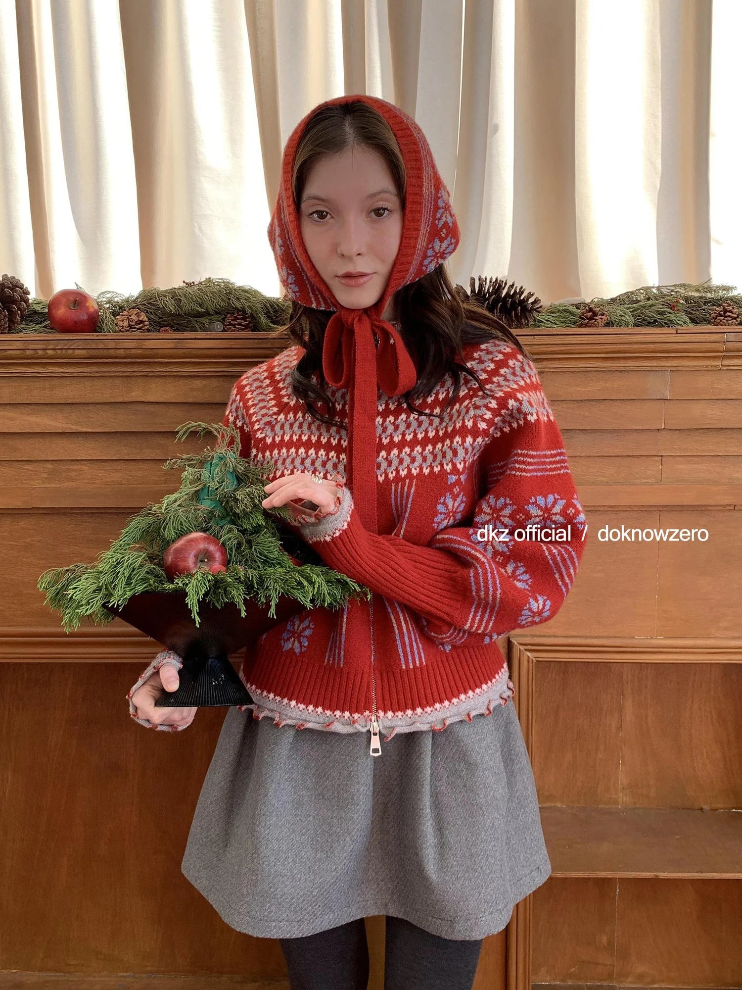 DKZ OFFICIAL Fair Isle Knit Cardigan With Lantern Sleeves