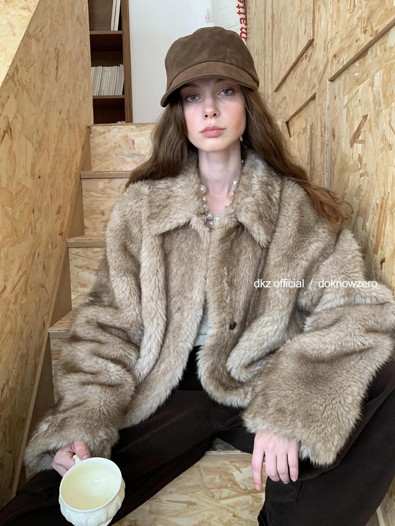 DKZ OFFICIAL Faux Fur Coat Women Long Sleeve Lapel Cardigan