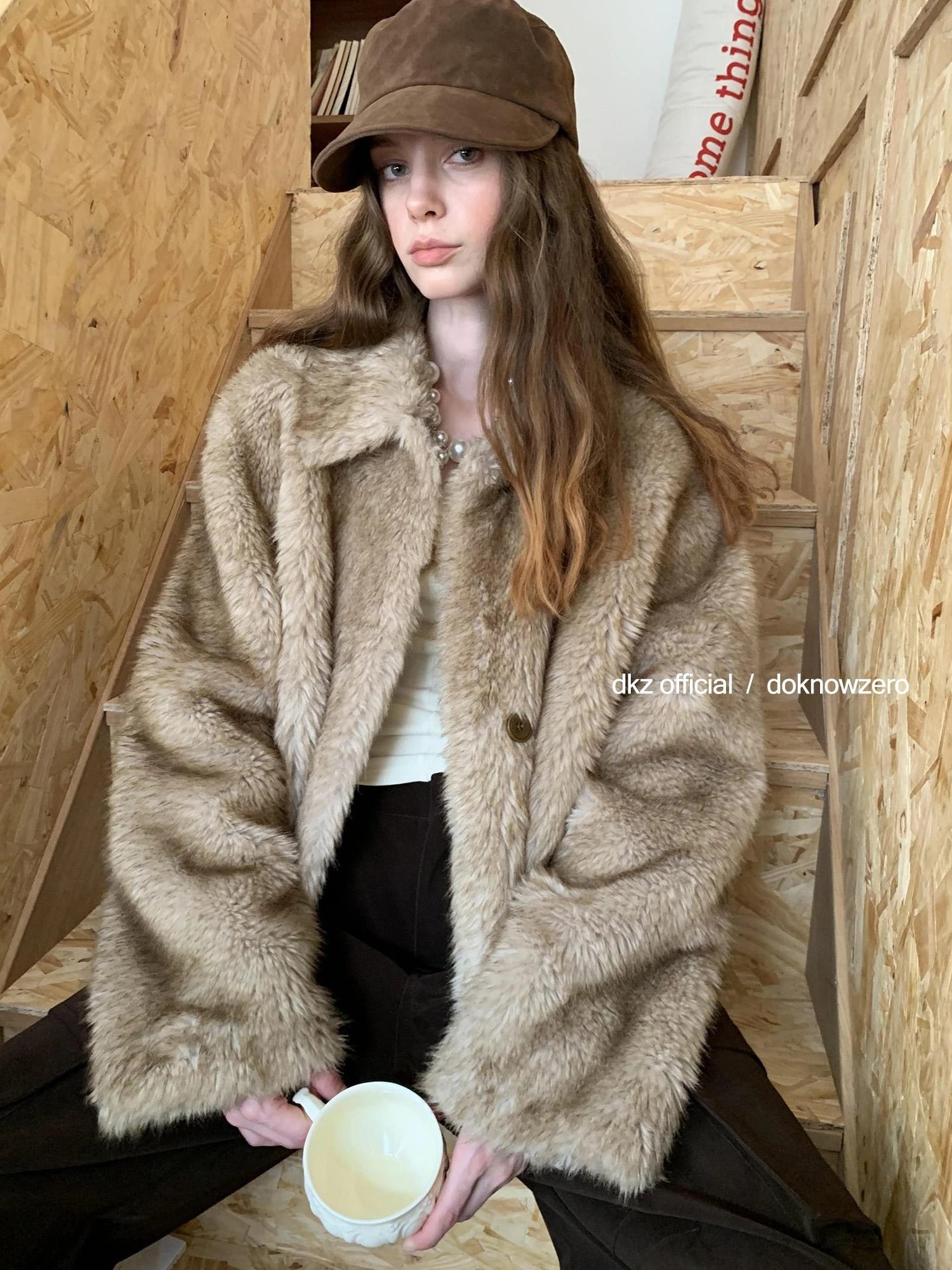 DKZ OFFICIAL Faux Fur Coat Women Long Sleeve Lapel Cardigan