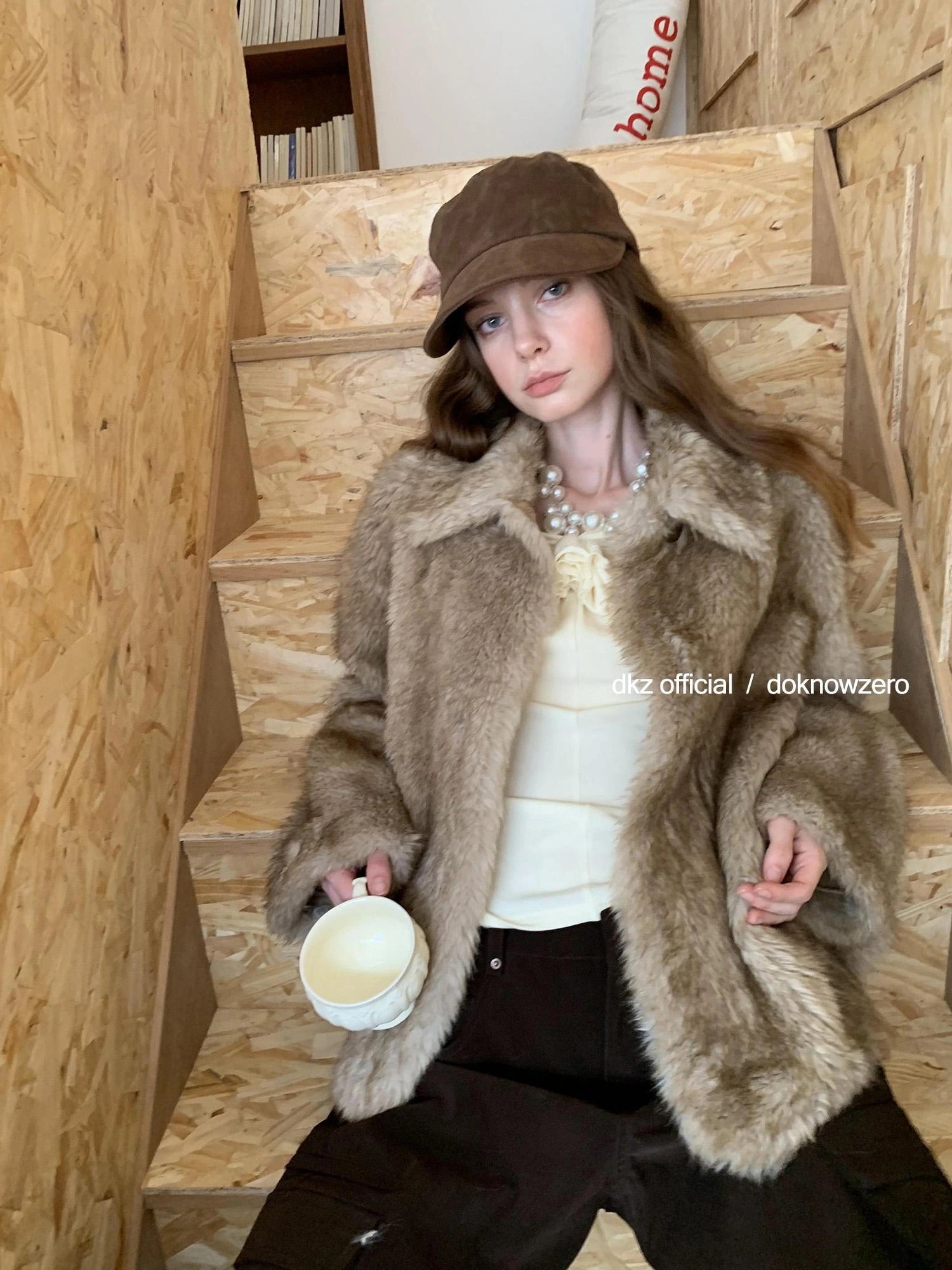 DKZ OFFICIAL Faux Fur Coat Women Long Sleeve Lapel Cardigan