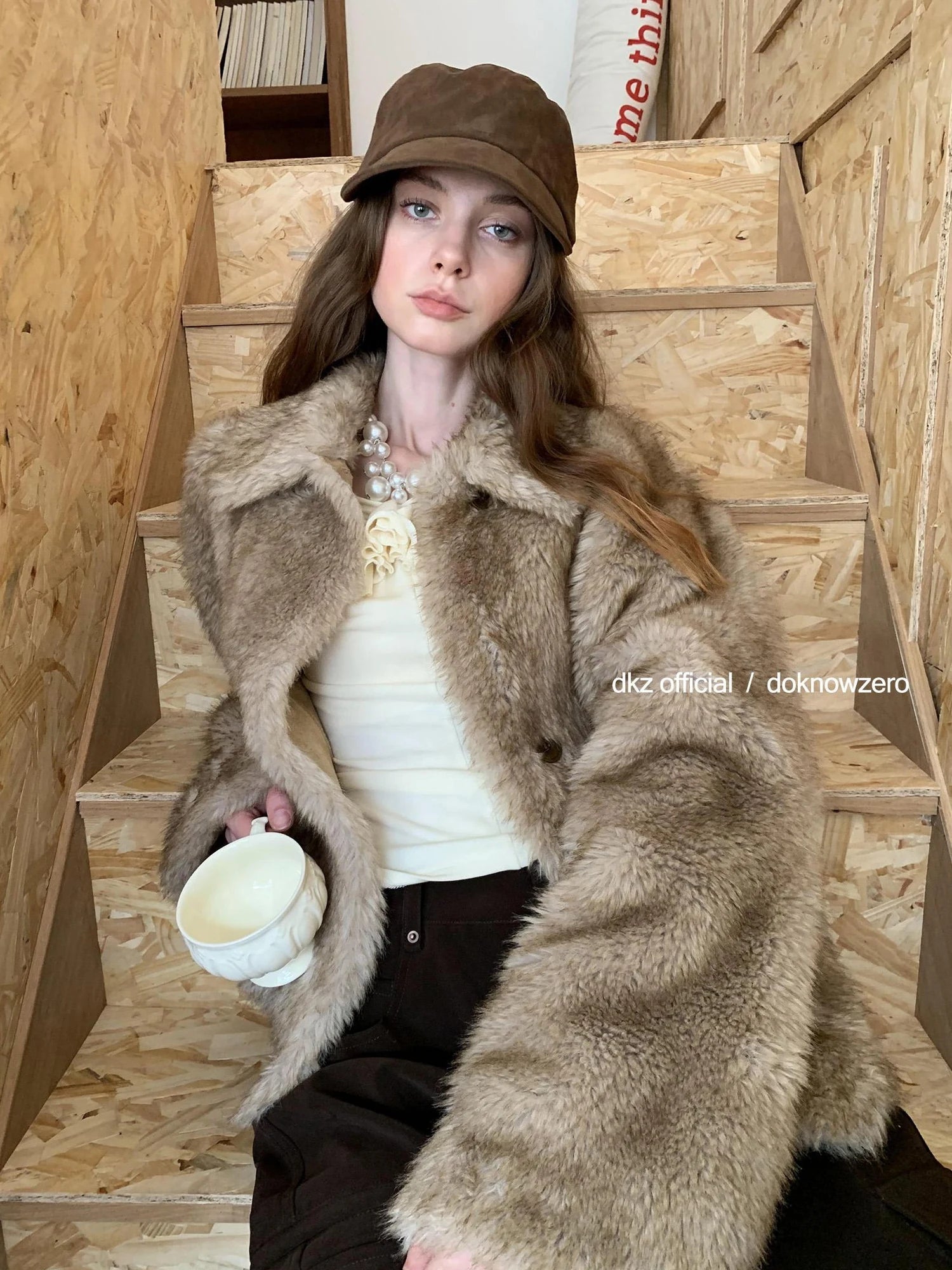 DKZ OFFICIAL Faux Fur Coat Women Long Sleeve Lapel Cardigan