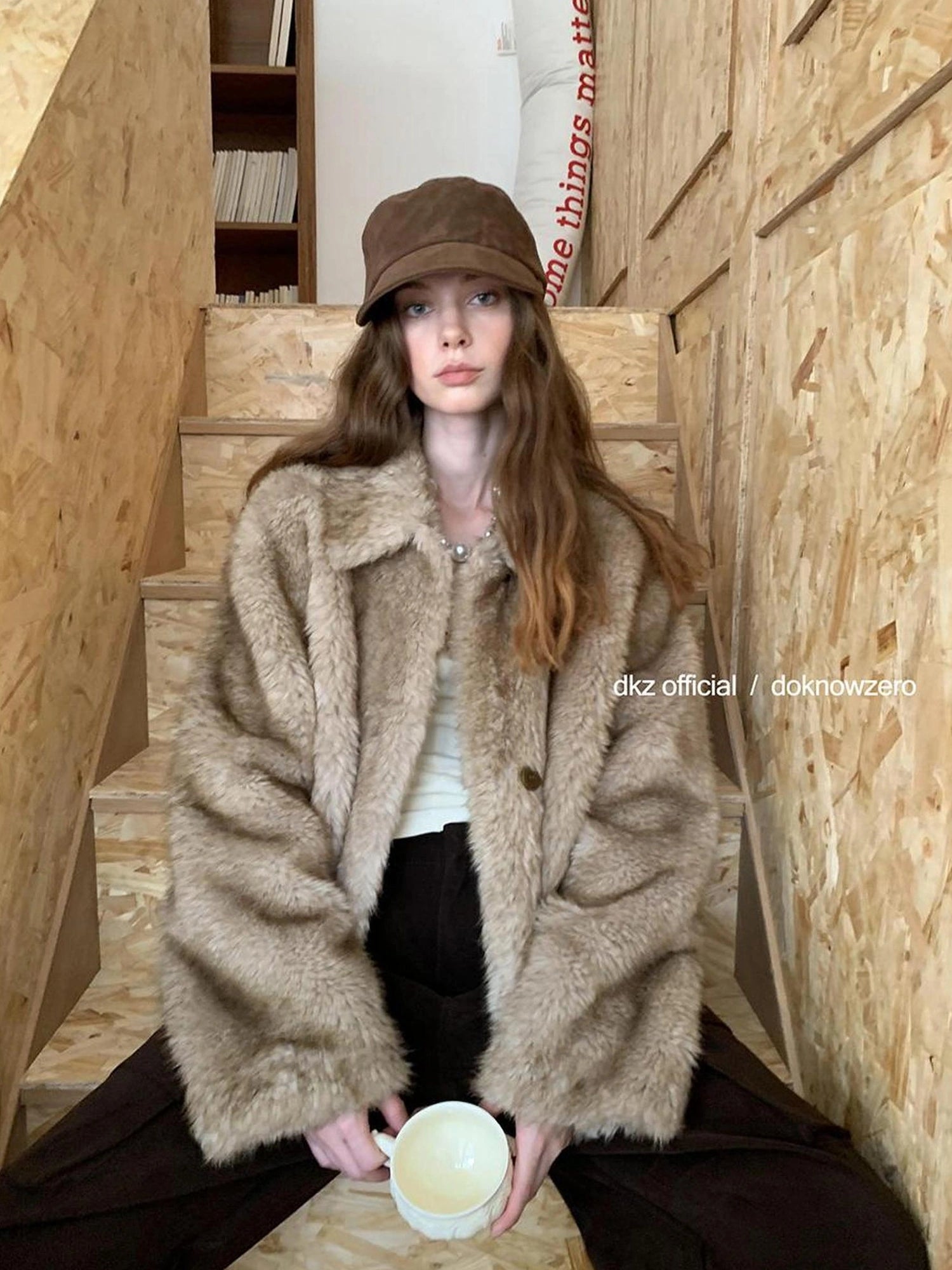 DKZ OFFICIAL Faux Fur Coat Women Long Sleeve Lapel Cardigan