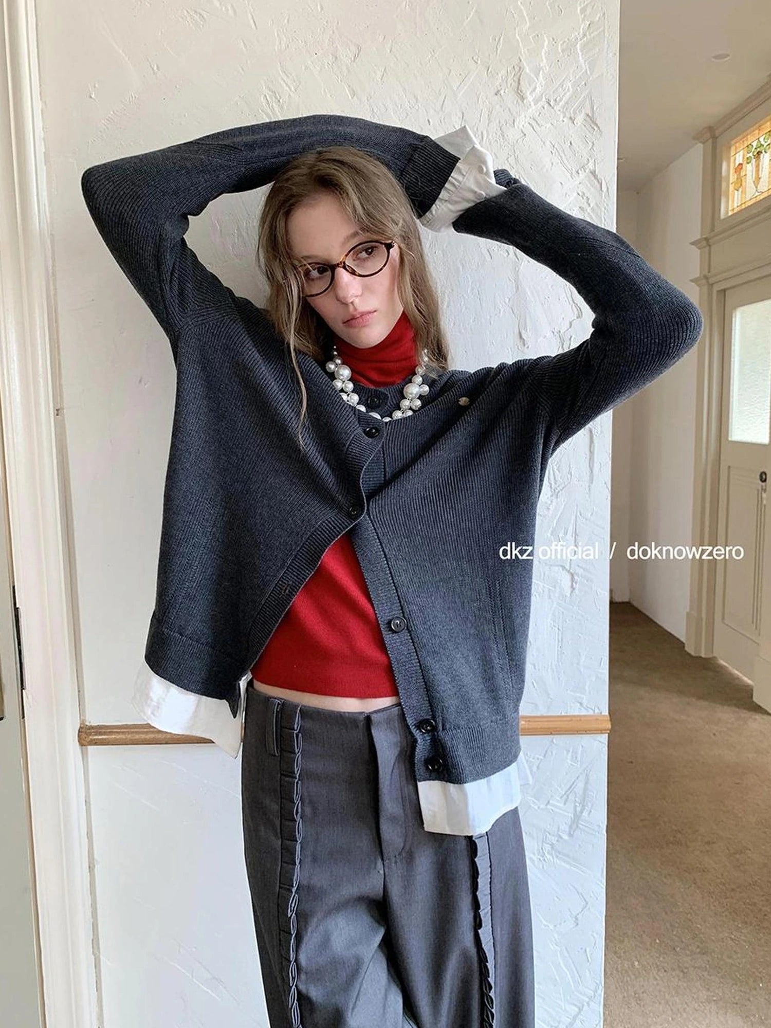DKZ OFFICIAL Faux Two Piece Knit Cardigan In Deep Blue And Grey