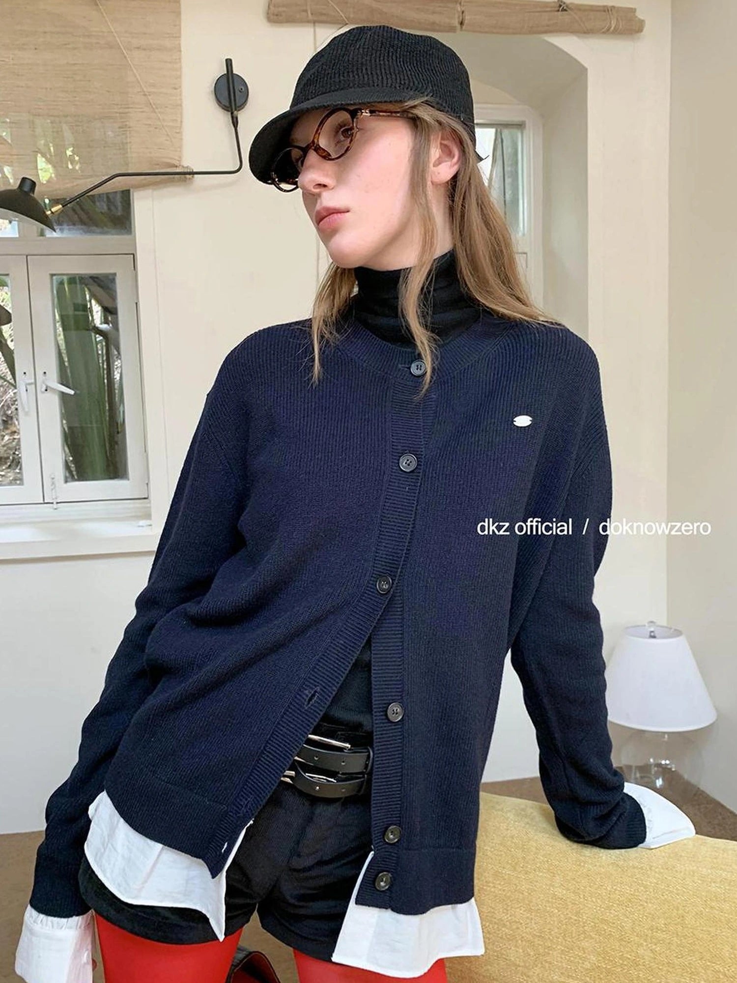 DKZ OFFICIAL Faux Two Piece Knit Cardigan In Deep Blue And Grey