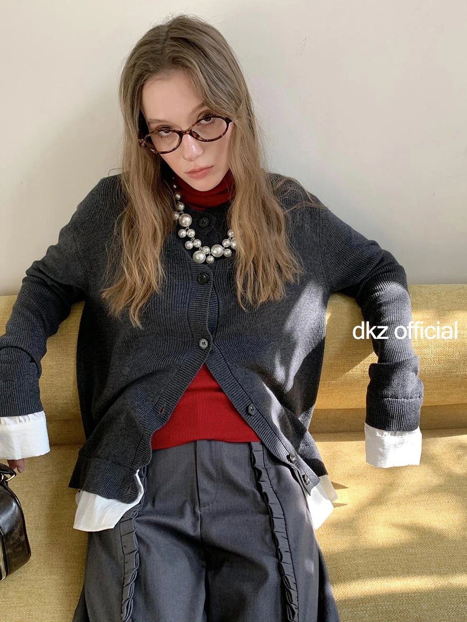 DKZ OFFICIAL Faux Two Piece Knit Cardigan In Deep Blue And Grey