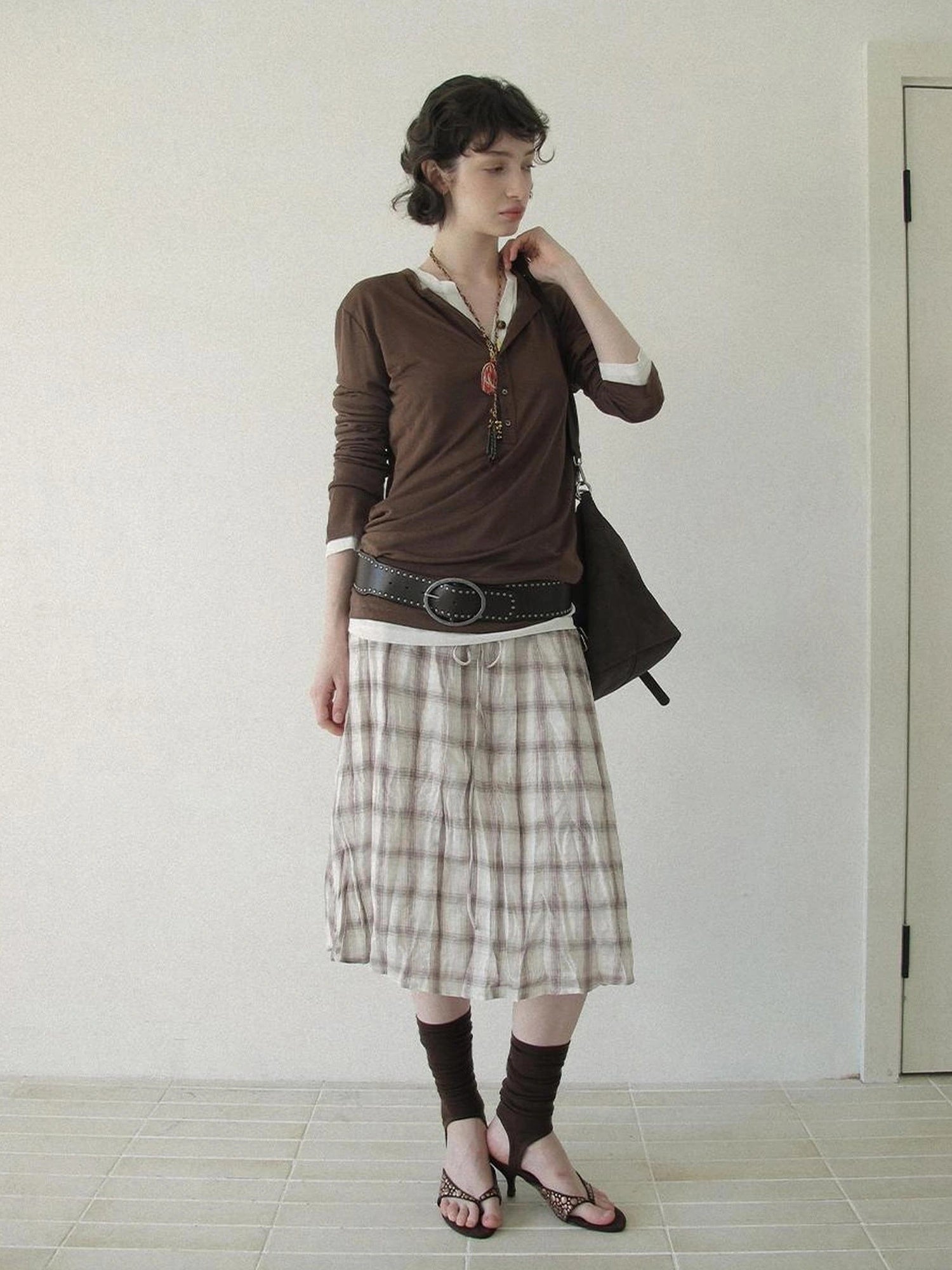 DKZ OFFICIAL Flax Wrinkle A Line Midi Skirt