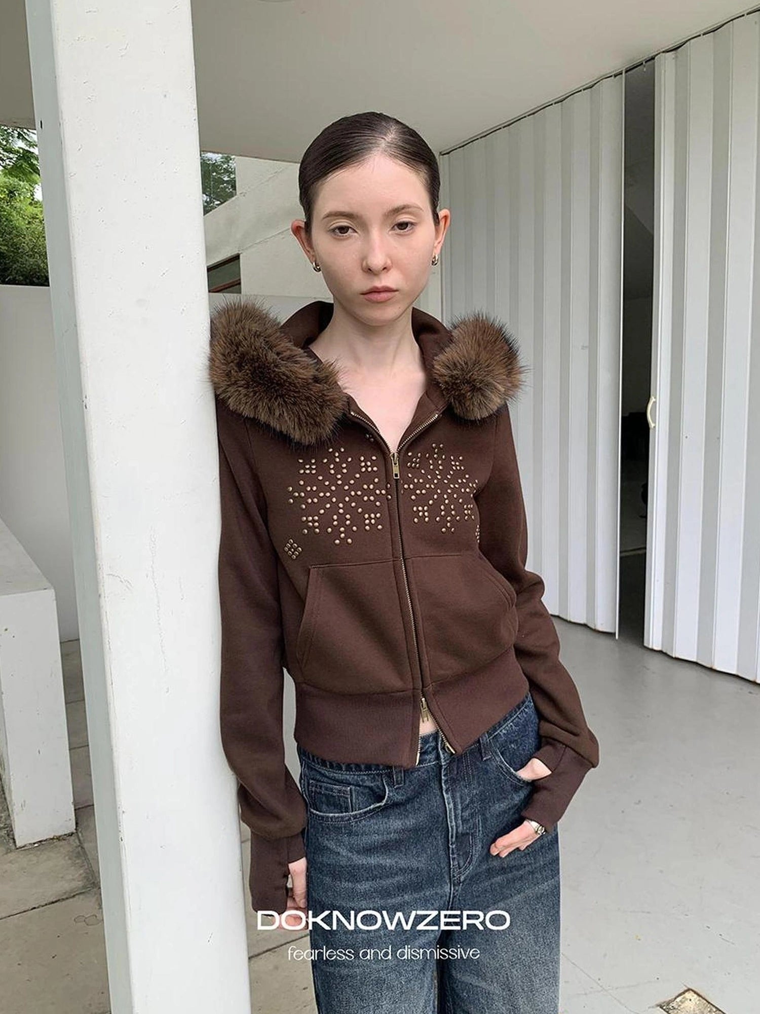 DKZ OFFICIAL Fleece Lined Collar Studded Jacket