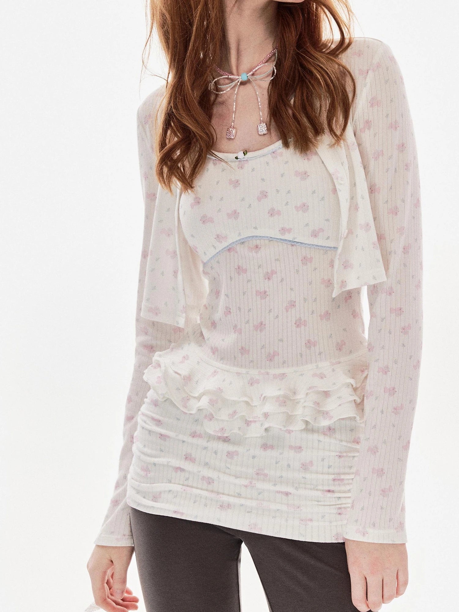 DKZ OFFICIAL Floral Bunny Print Slim Camisole Cardigan Set