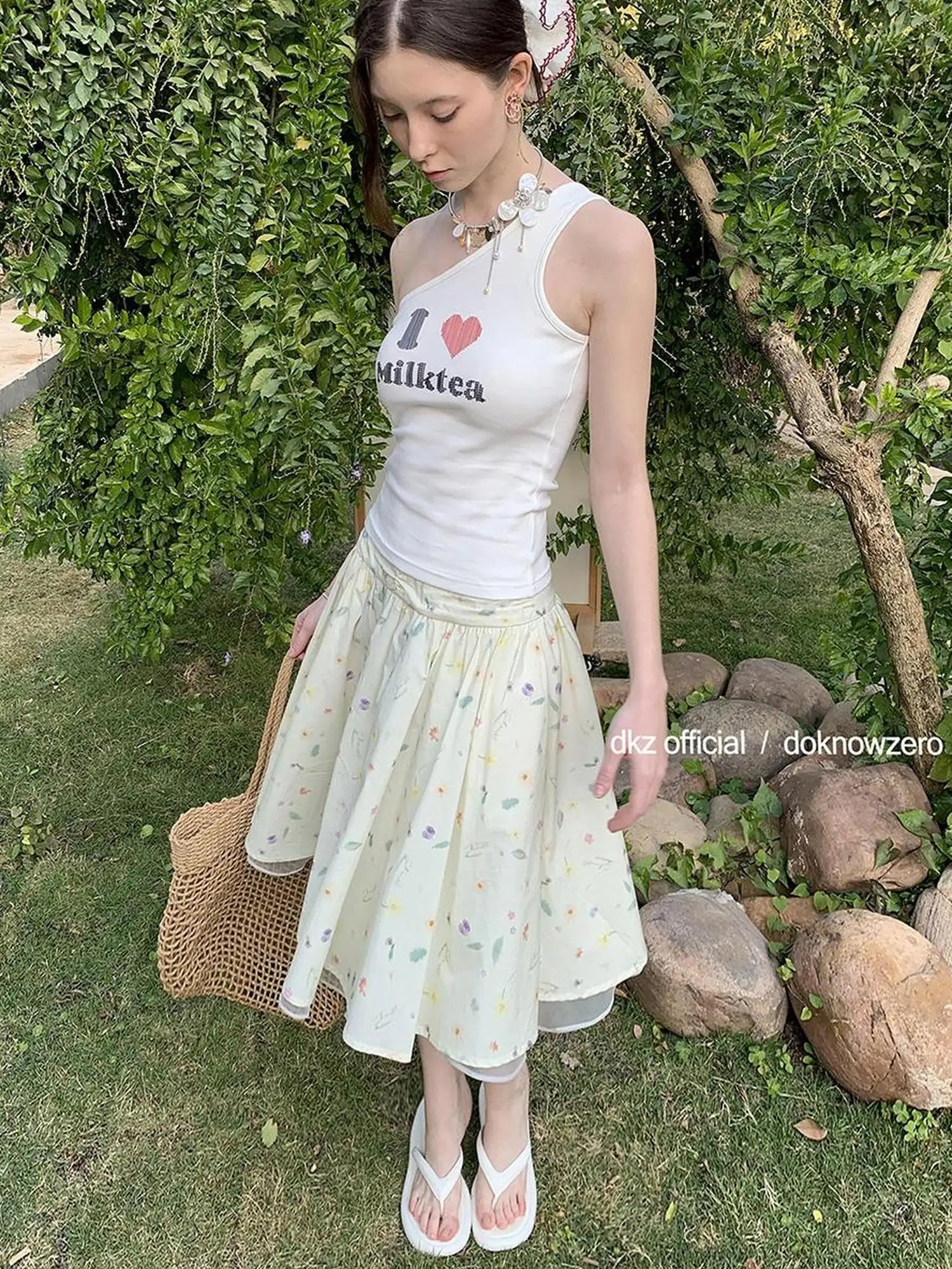 DKZ OFFICIAL Floral Print Midi Skirt In Apricot