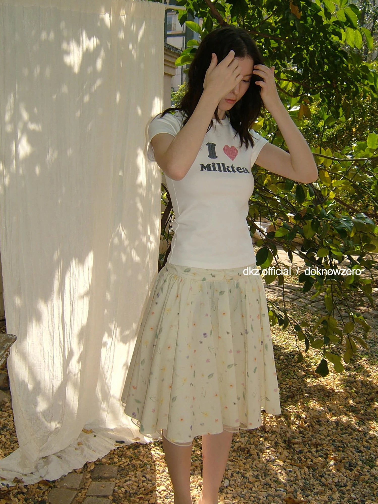 DKZ OFFICIAL Floral Print Midi Skirt In Apricot