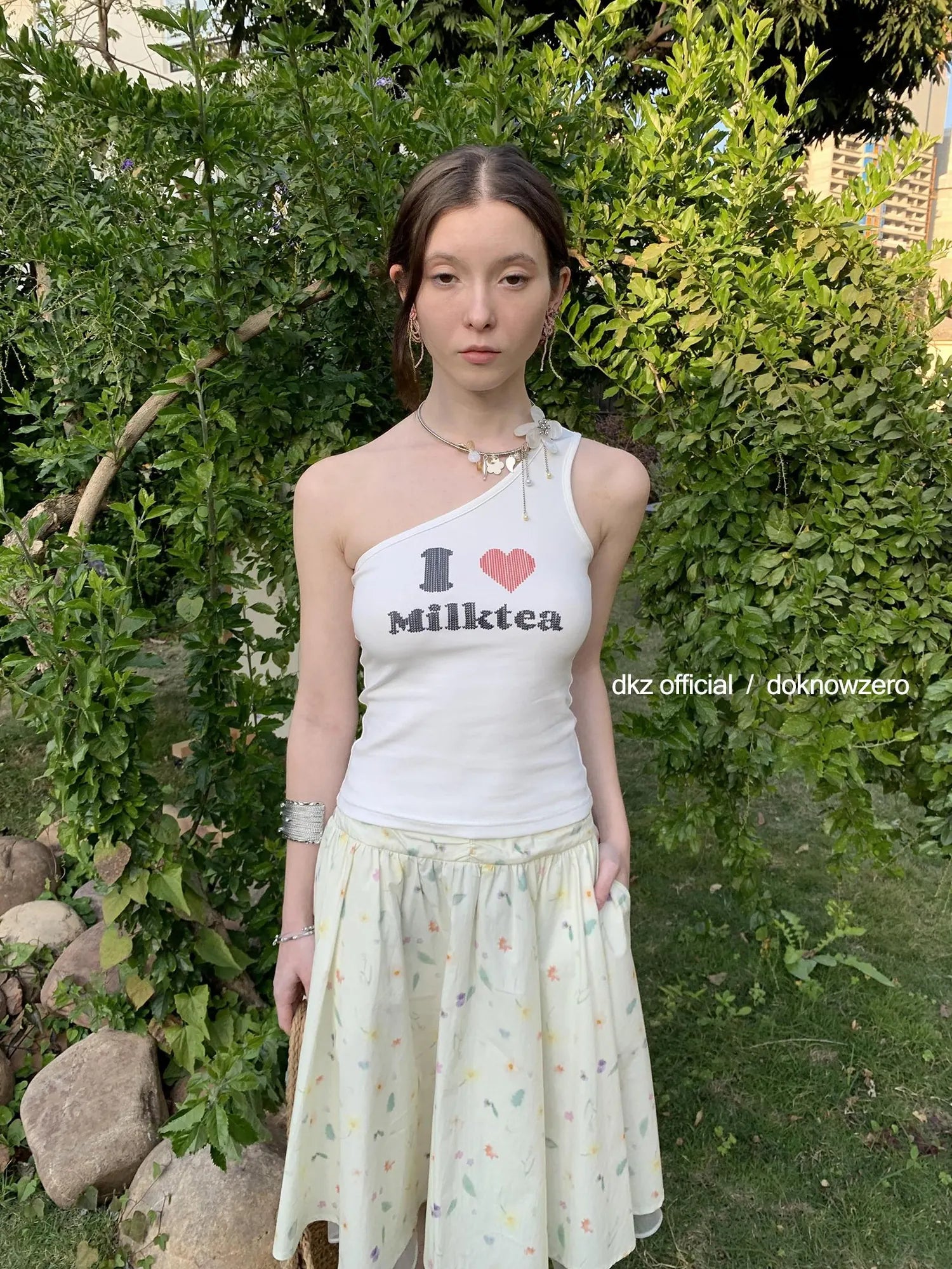 DKZ OFFICIAL Floral Print Midi Skirt In Apricot